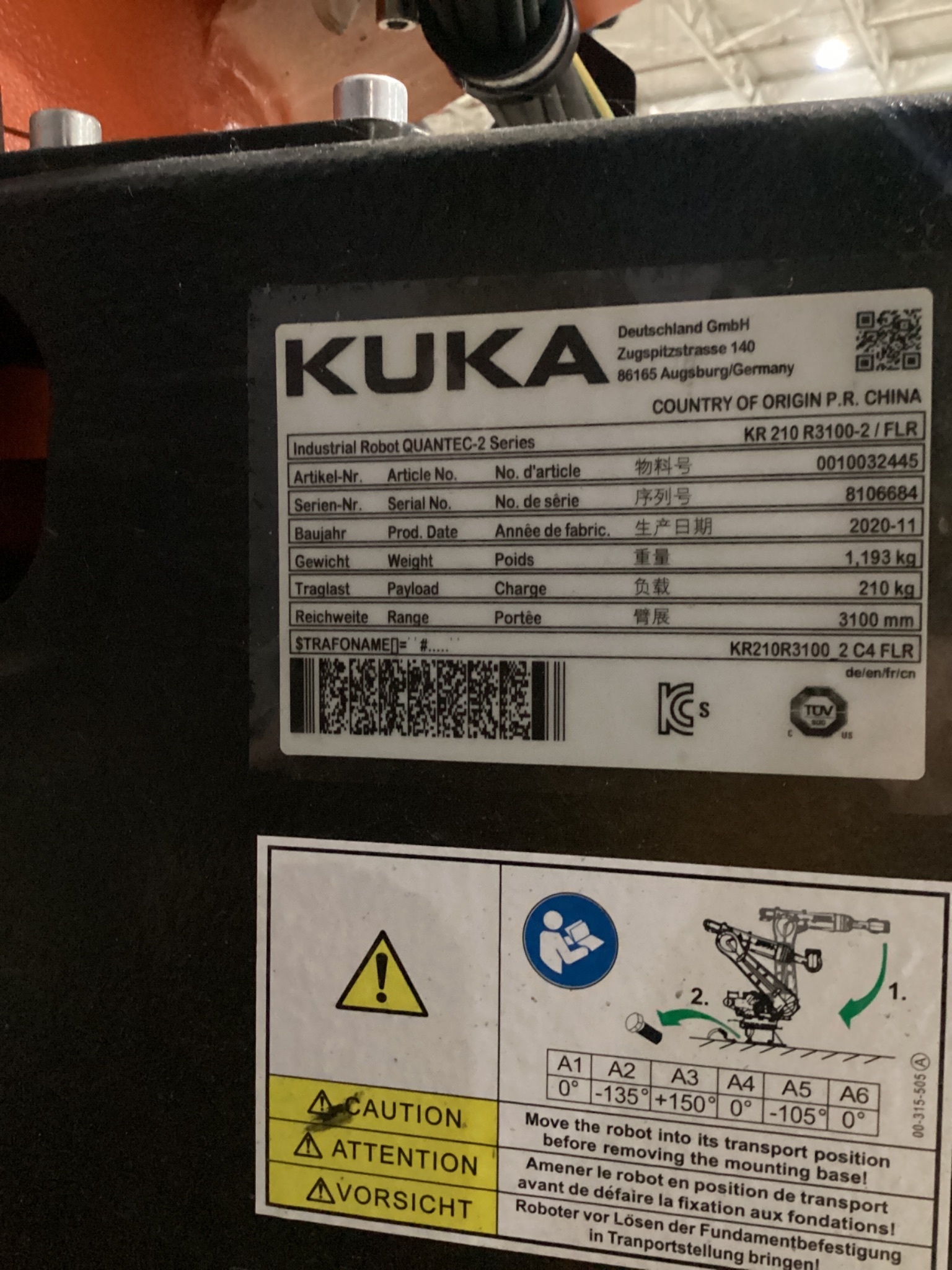 KUKA KR 210 R3100-2/FLR Robot w/ KR C4 NA Controller USED 9