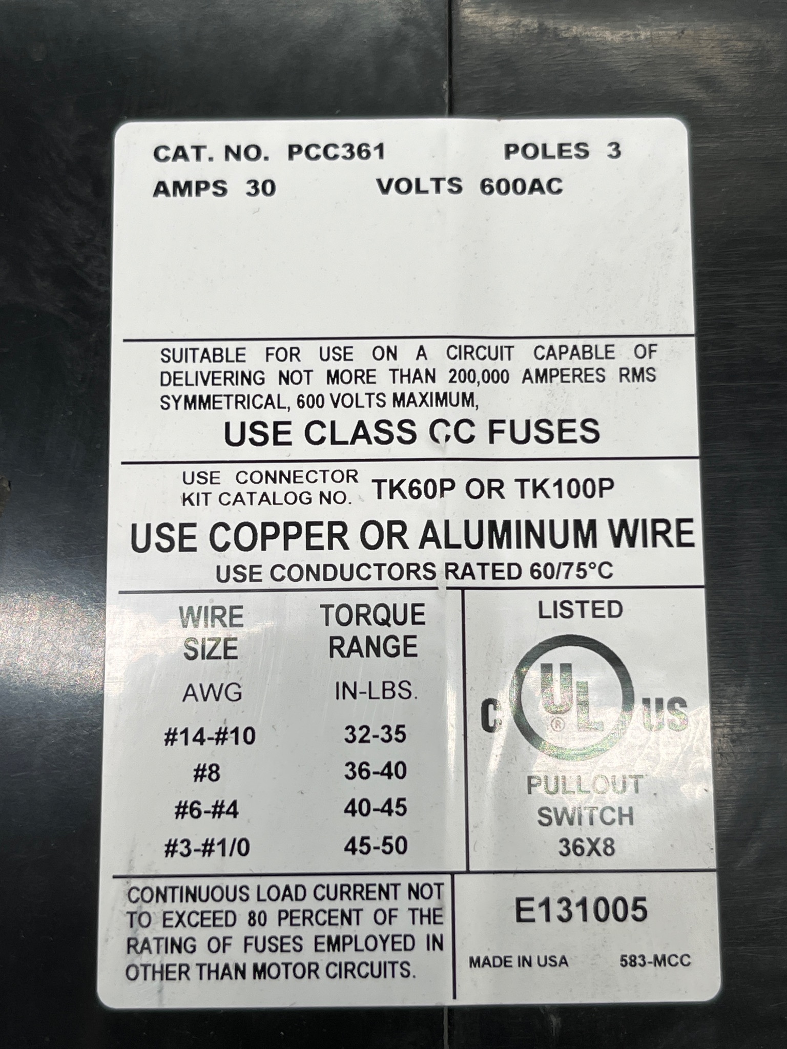BOLTSWITCH PCC361 3-Pole Safety Switch USED 5