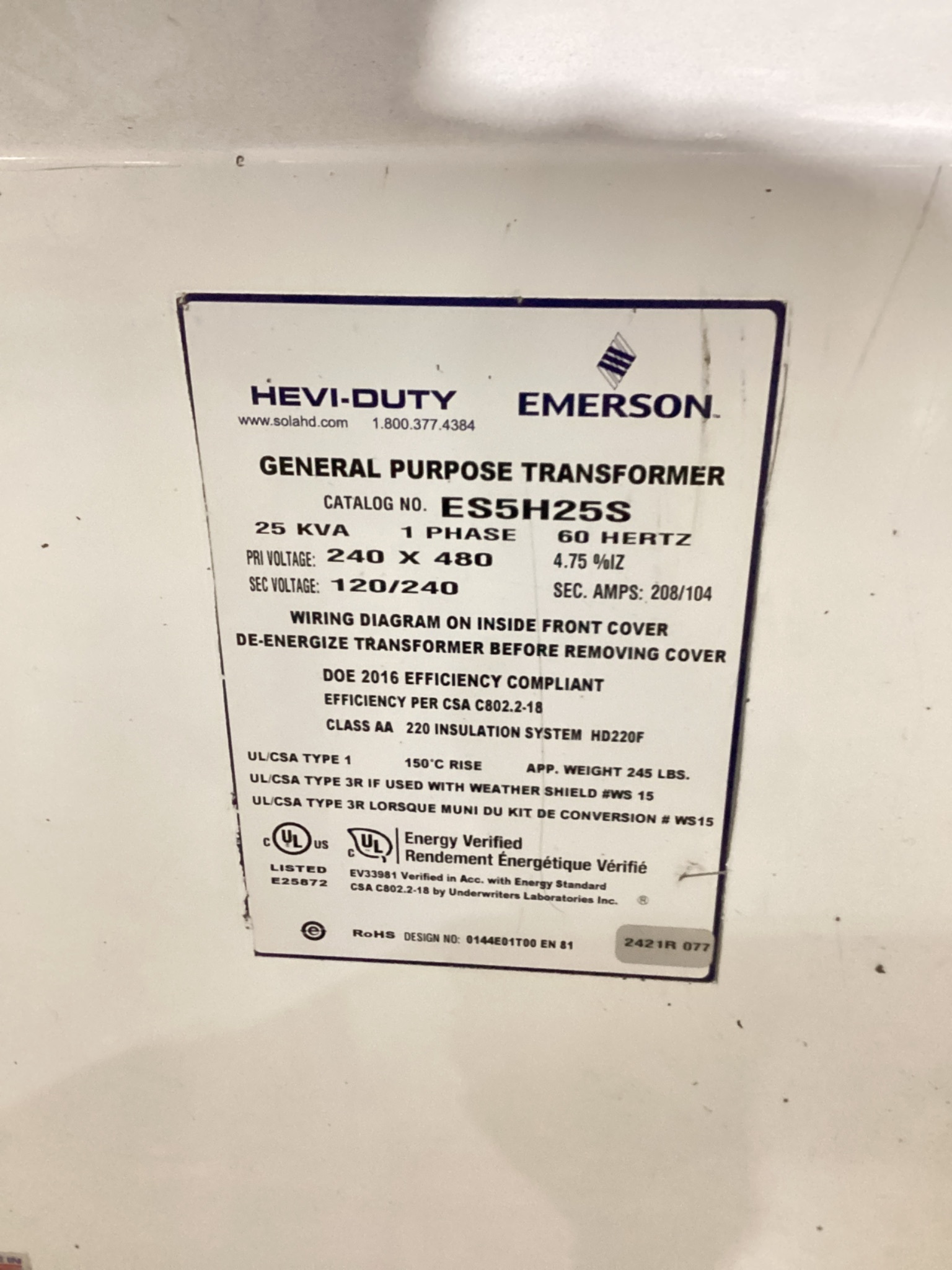 SOLAHD EMERSON ES5H25S 25kVA Dry-Type Distribution Transformer USED 4
