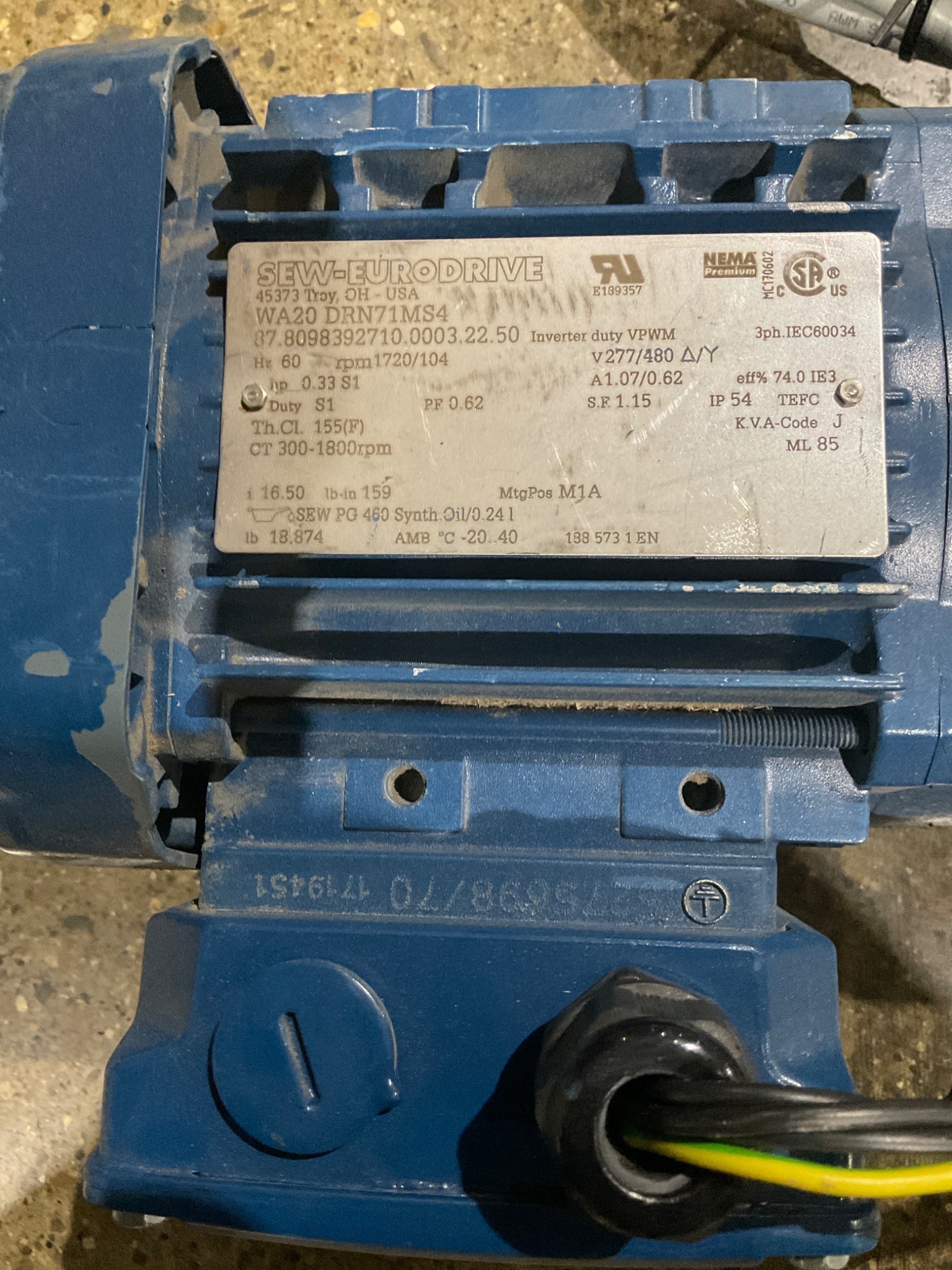 SEW-EURODRIVE WA20 DRN71MS4 Gearmotor USED 1
