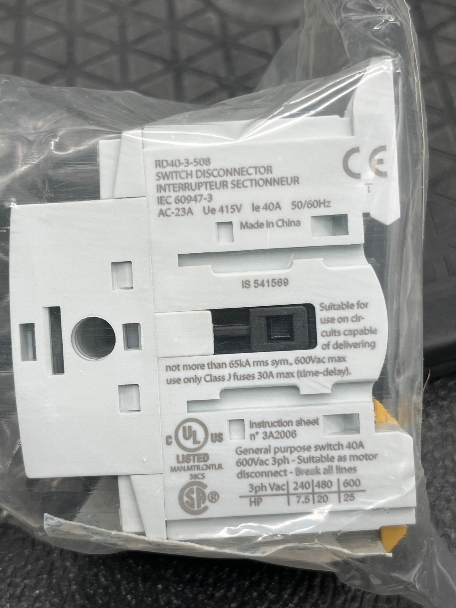 COOPER BUSSMANN RD40-3-508 Switch 40A 600V UL508 NEW 6