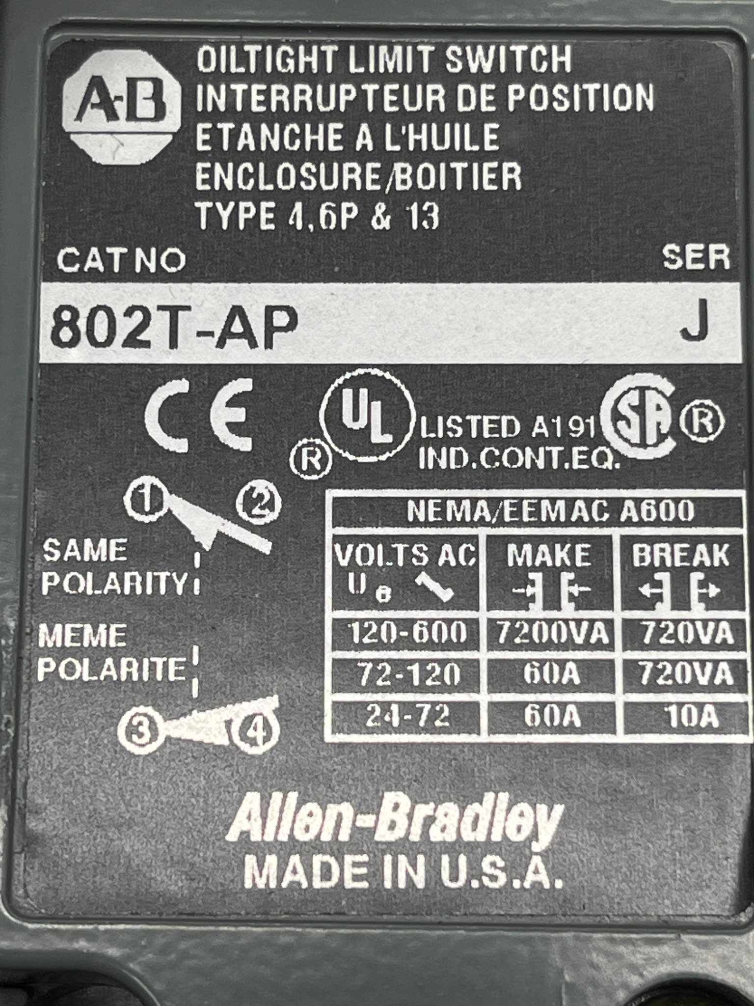 ALLEN BRADLEY 802T-AP Limit Switch USED 6