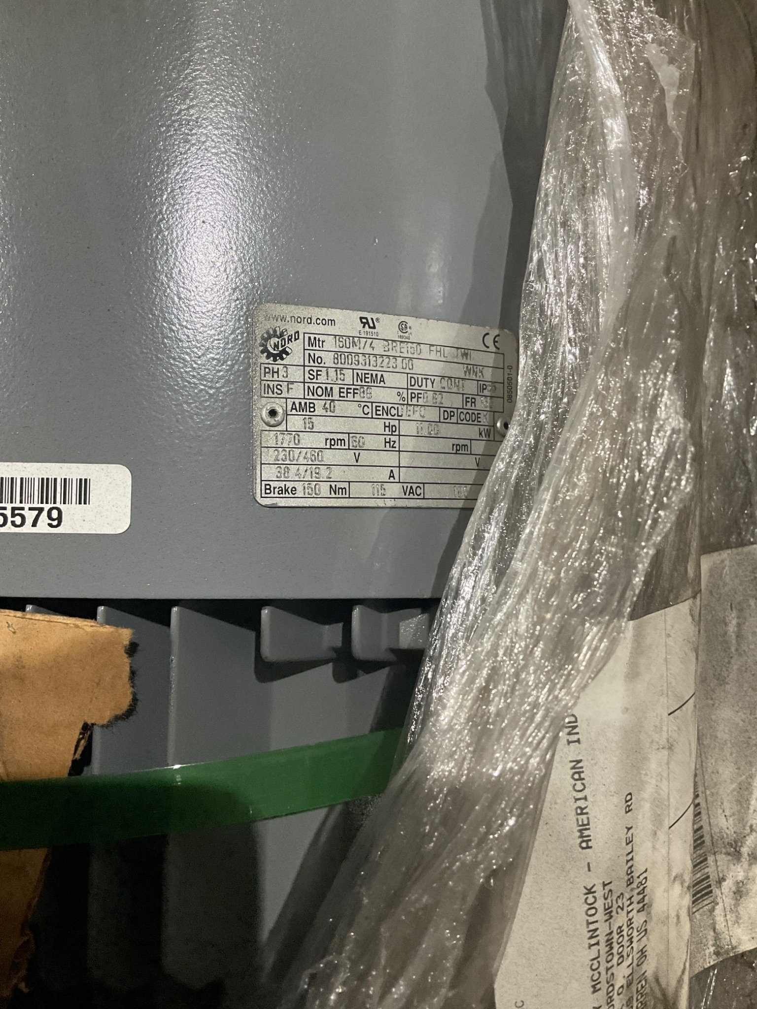 NORD 160M/4BRE150FHL Electric Motor 3PH 15HP 1770 RPM USED 1