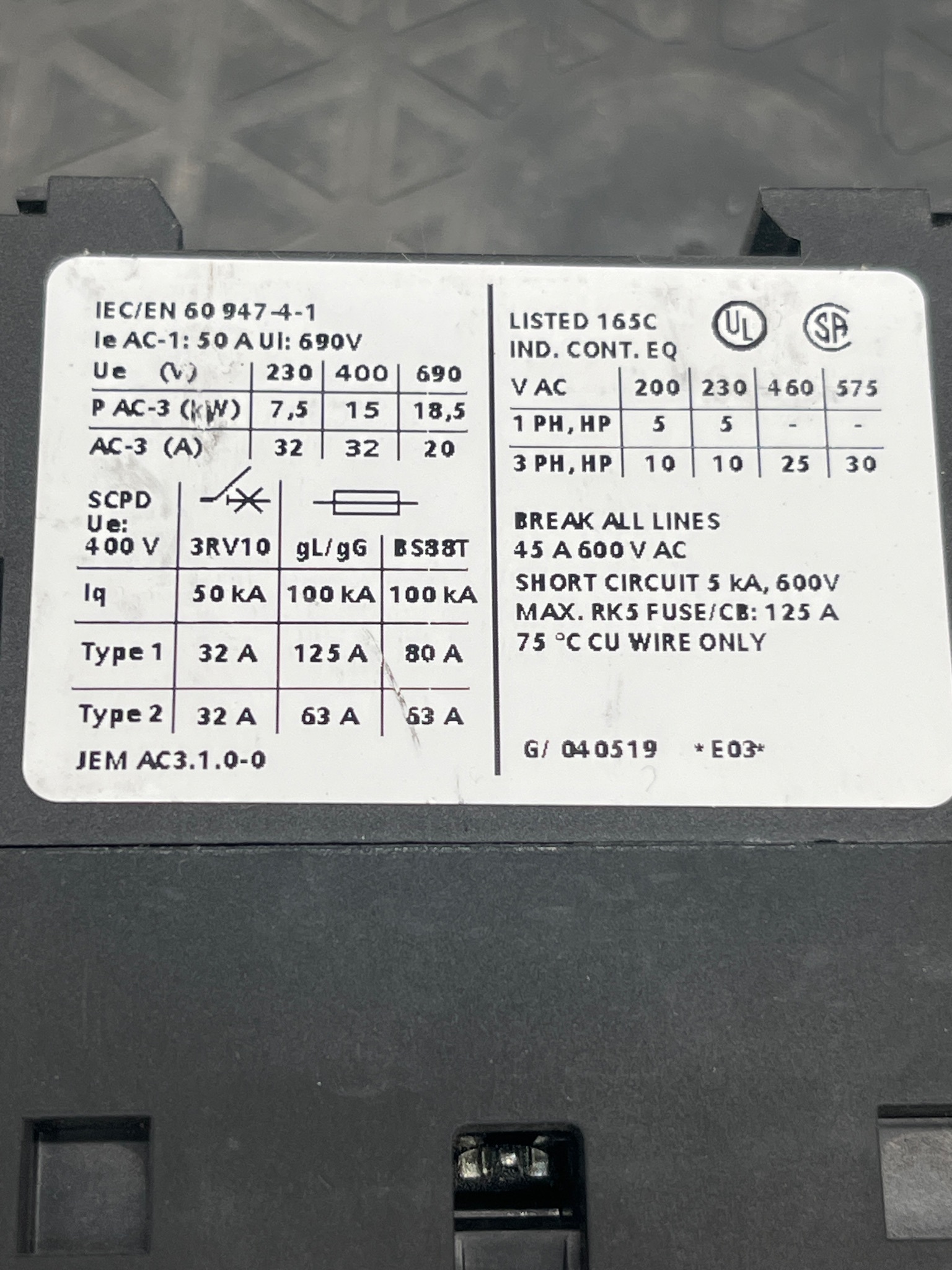 SIEMENS 3RT1034-1AC20 Contactor USED 5