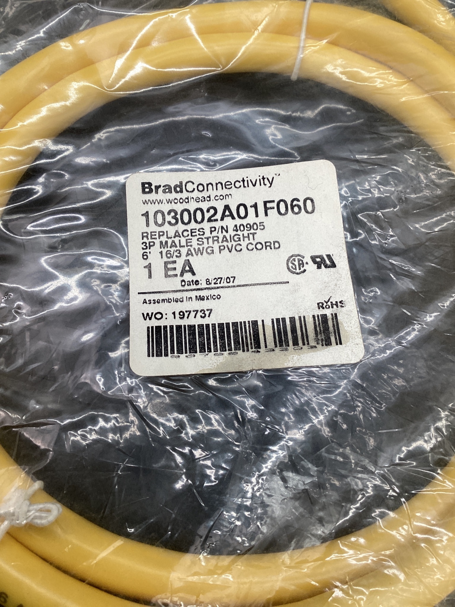 BradConnectivity 103002A01F060 3-Pin Male Cordset 6FT NEW 3