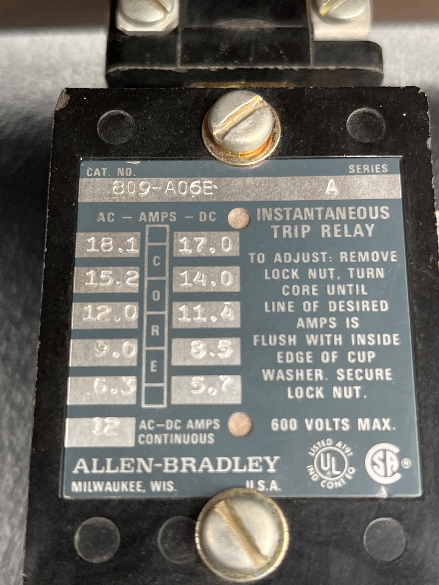 ALLEN BRADLEY 809-A06E Trip Relay NEW 7
