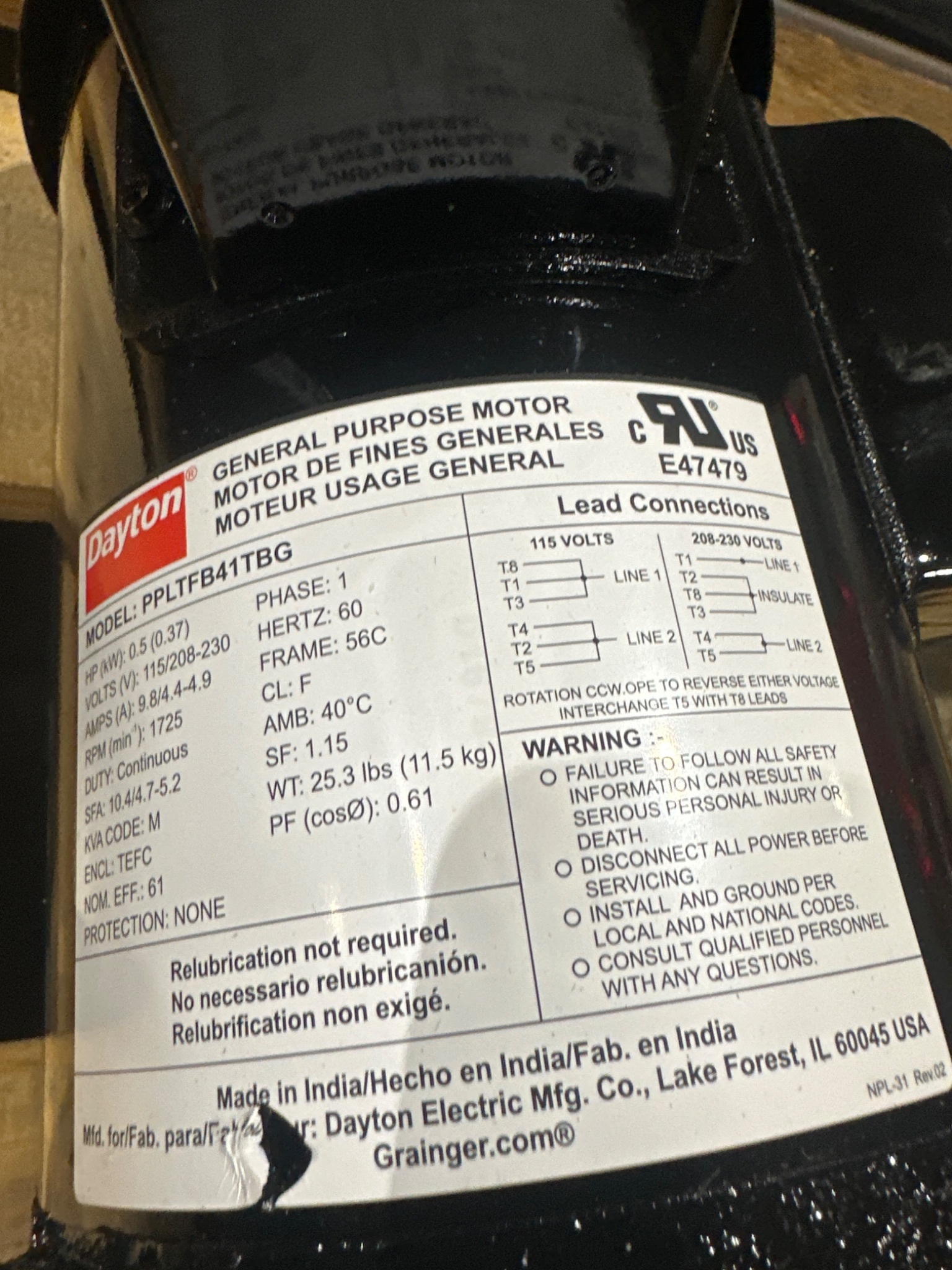 DAYTON PPLTFB41TBG Motor with DAYTON 32V137 IBC Mixer Bung USED 3