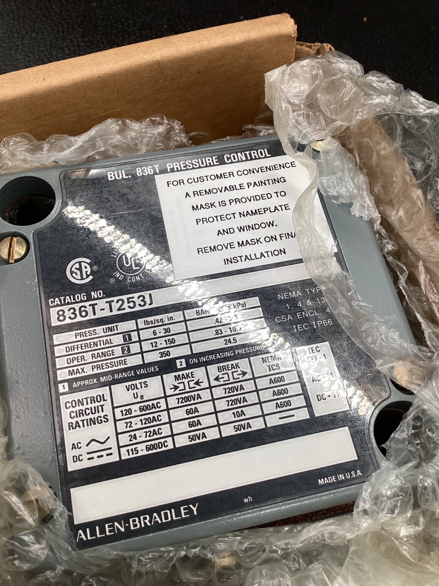 ALLEN BRADLEY 836T-T253J Pressure Switch 12–150 PSI NEW 5