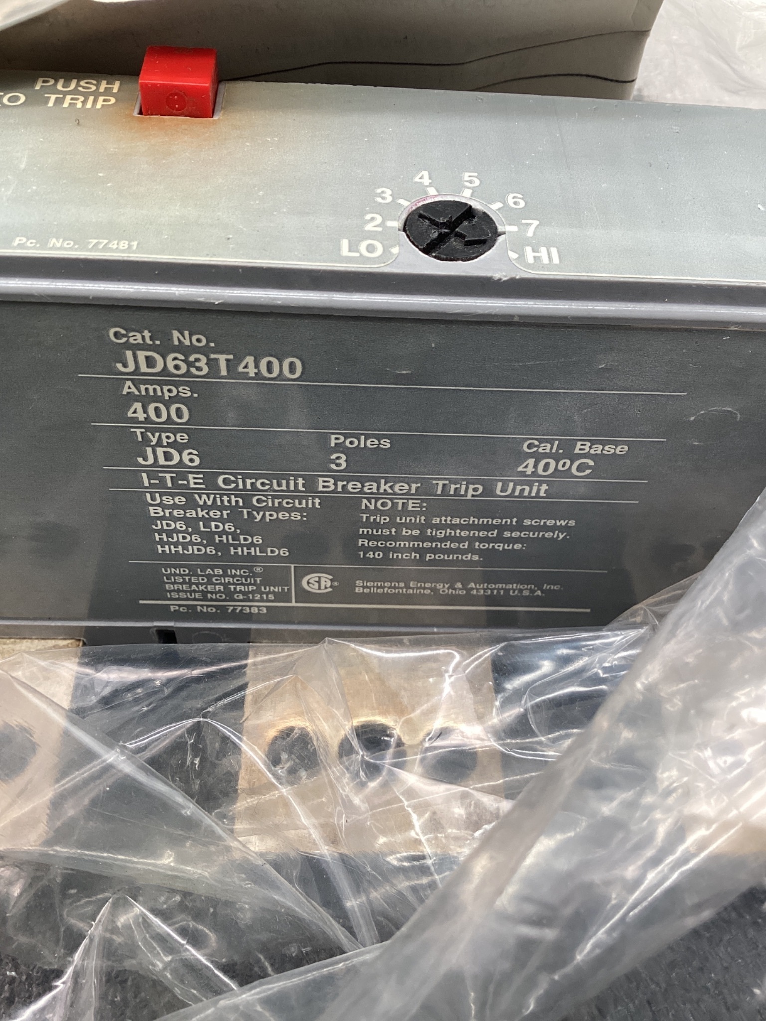 SIEMENS JD63T400 Circuit Breaker Trip Unit 400A 600V NEW 5