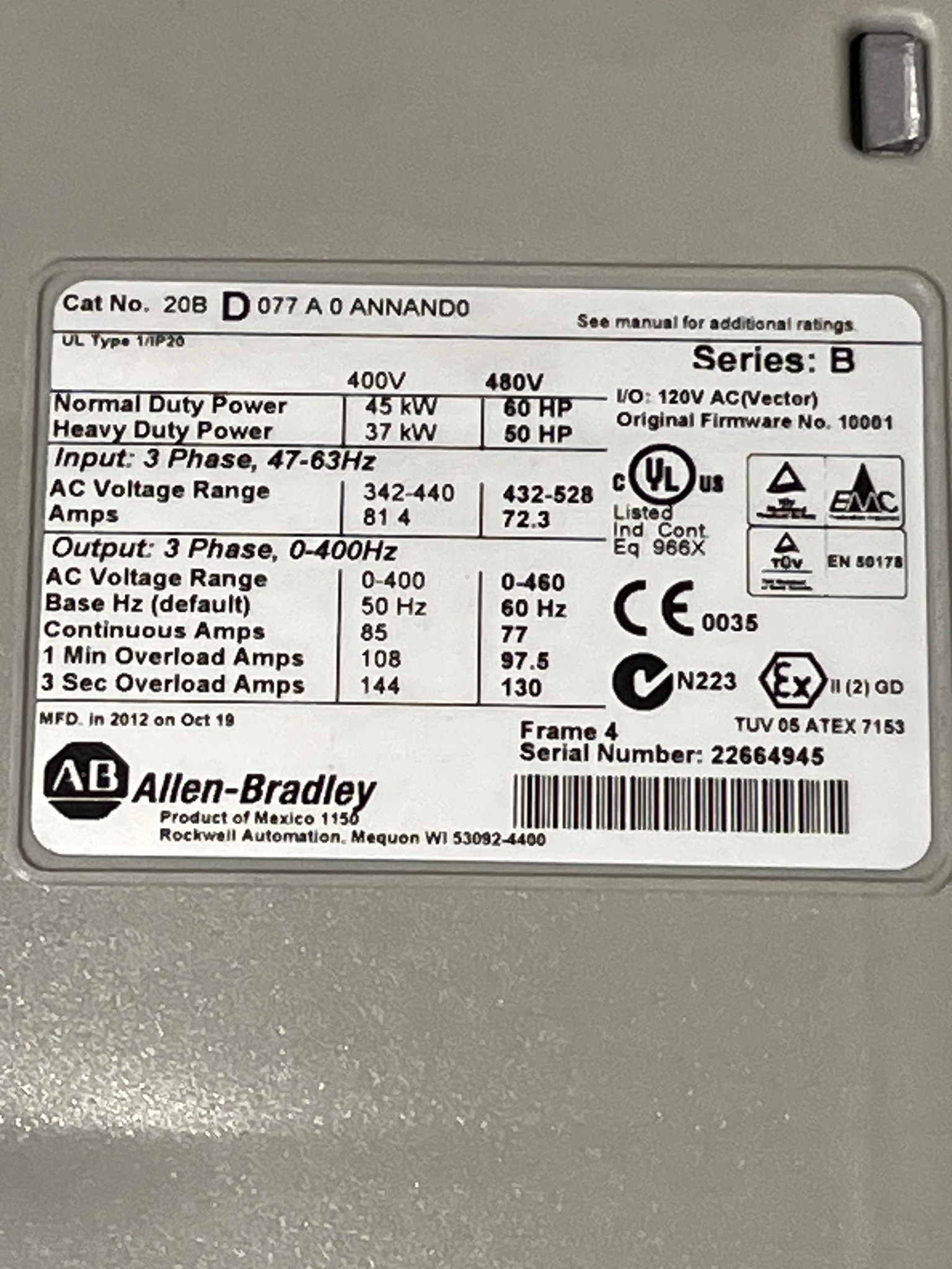 ALLEN BRADLEY 20B-D077A0ANNAND0 PowerFlex 700 AC Drive USED 4
