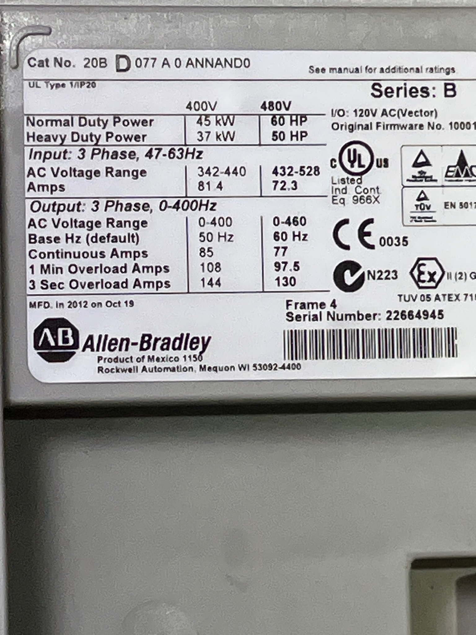 ALLEN BRADLEY 20B-D077A0ANNAND0 PowerFlex 700 AC Drive USED 9