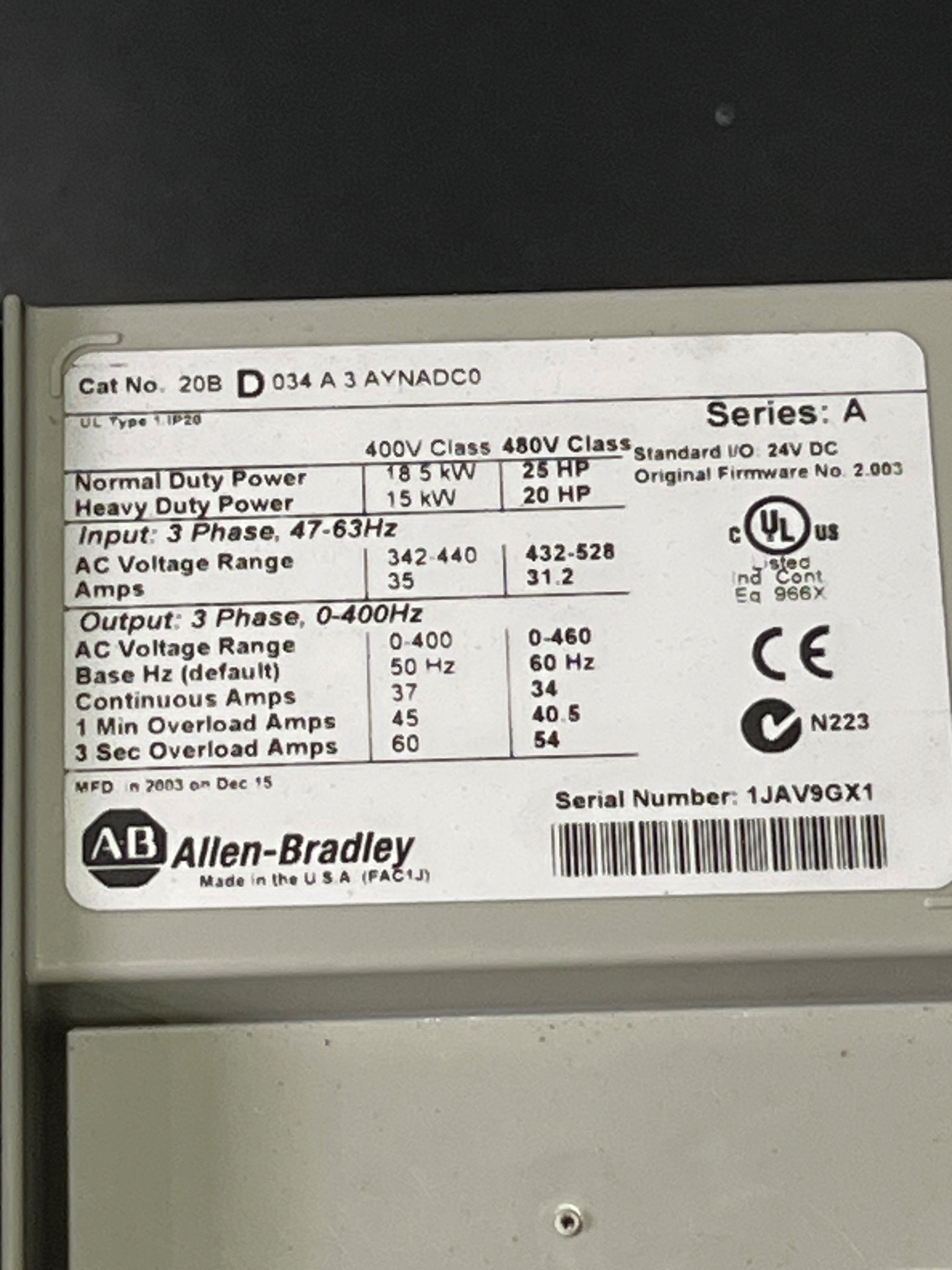 ALLEN BRADLEY 20B-D034A3AYNADC0 PowerFlex 700 AC Drive USED 7