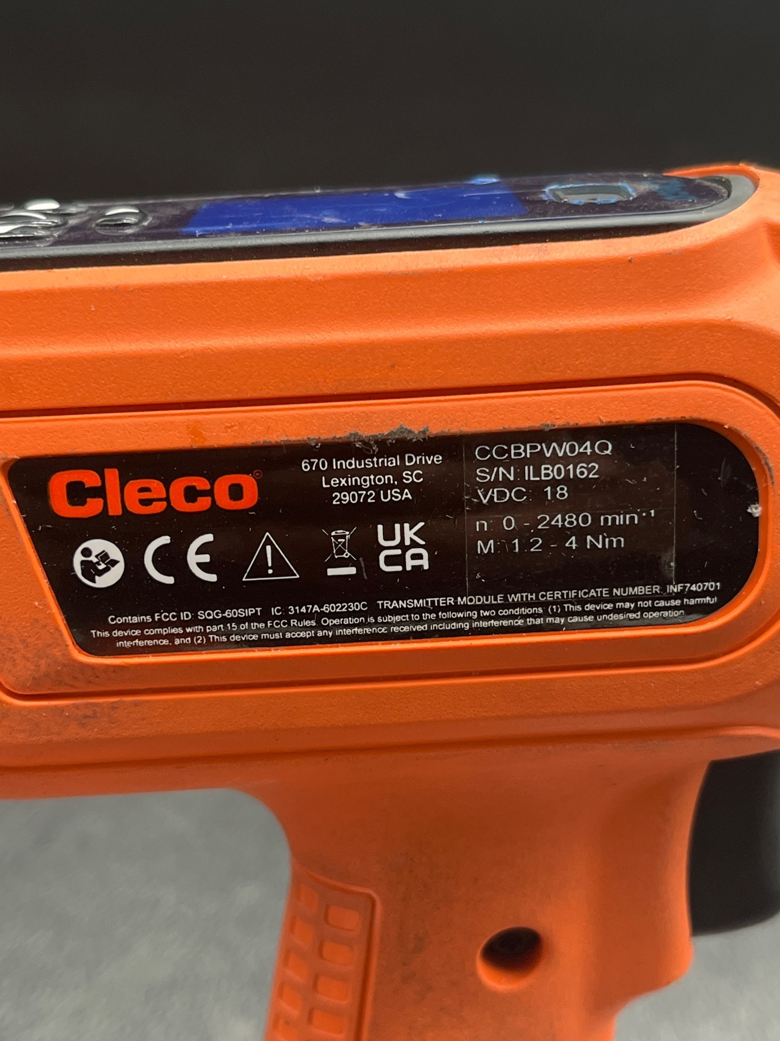 CLECO CCBPW04Q CORDLESS ELECTRONIC TORQUE WRENCH 18V USED 5