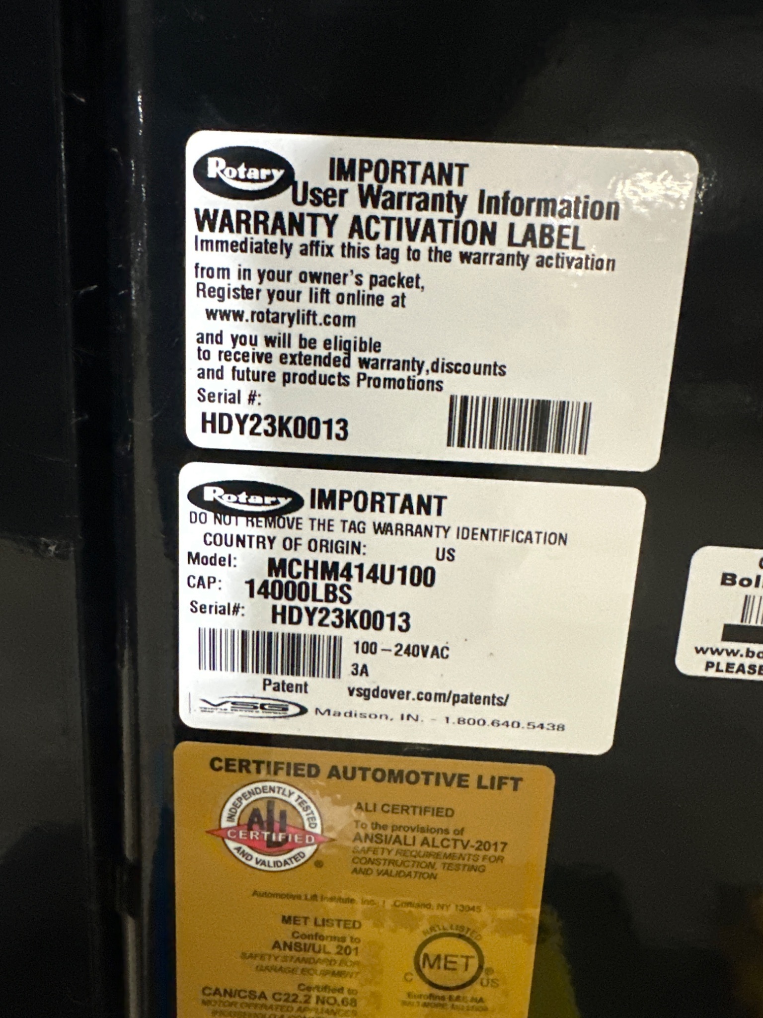 ROTARY MCHM414U100 FLEX MAX VEHICLE LIFT 14000 LB CAPACITY USED 6