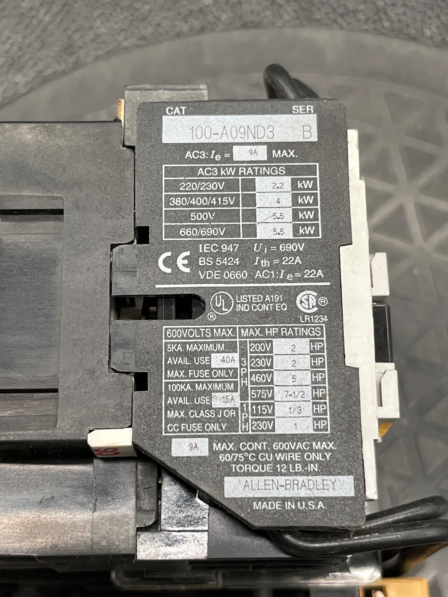 ALLEN BRADLEY 100-A09ND3 + 193-BSB22B Contactor & Overload Relay USED 4