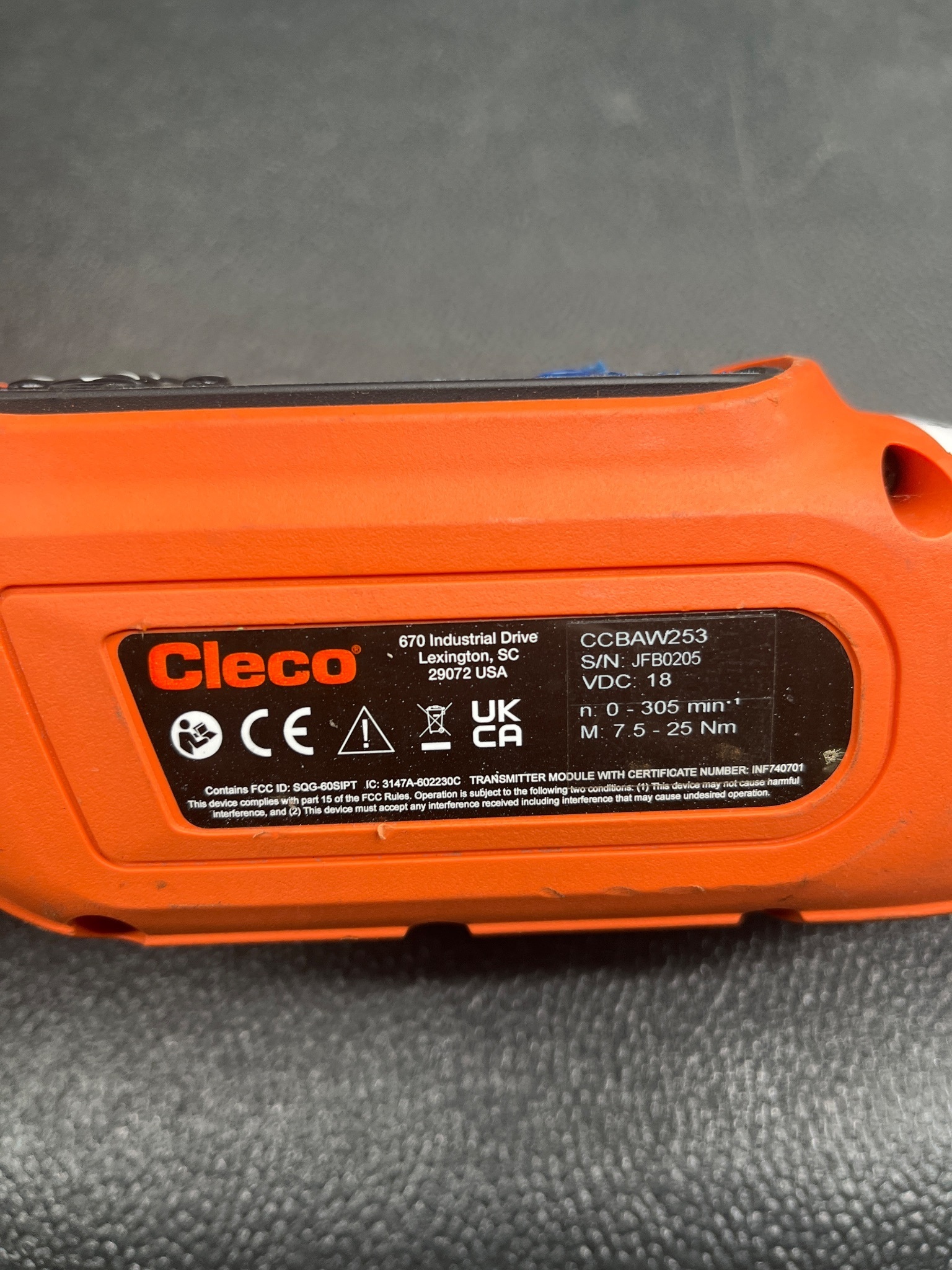 CLECO CCBAW253 CORDLESS ELECTRONIC TORQUE WRENCH 7.5–25 NM USED 5