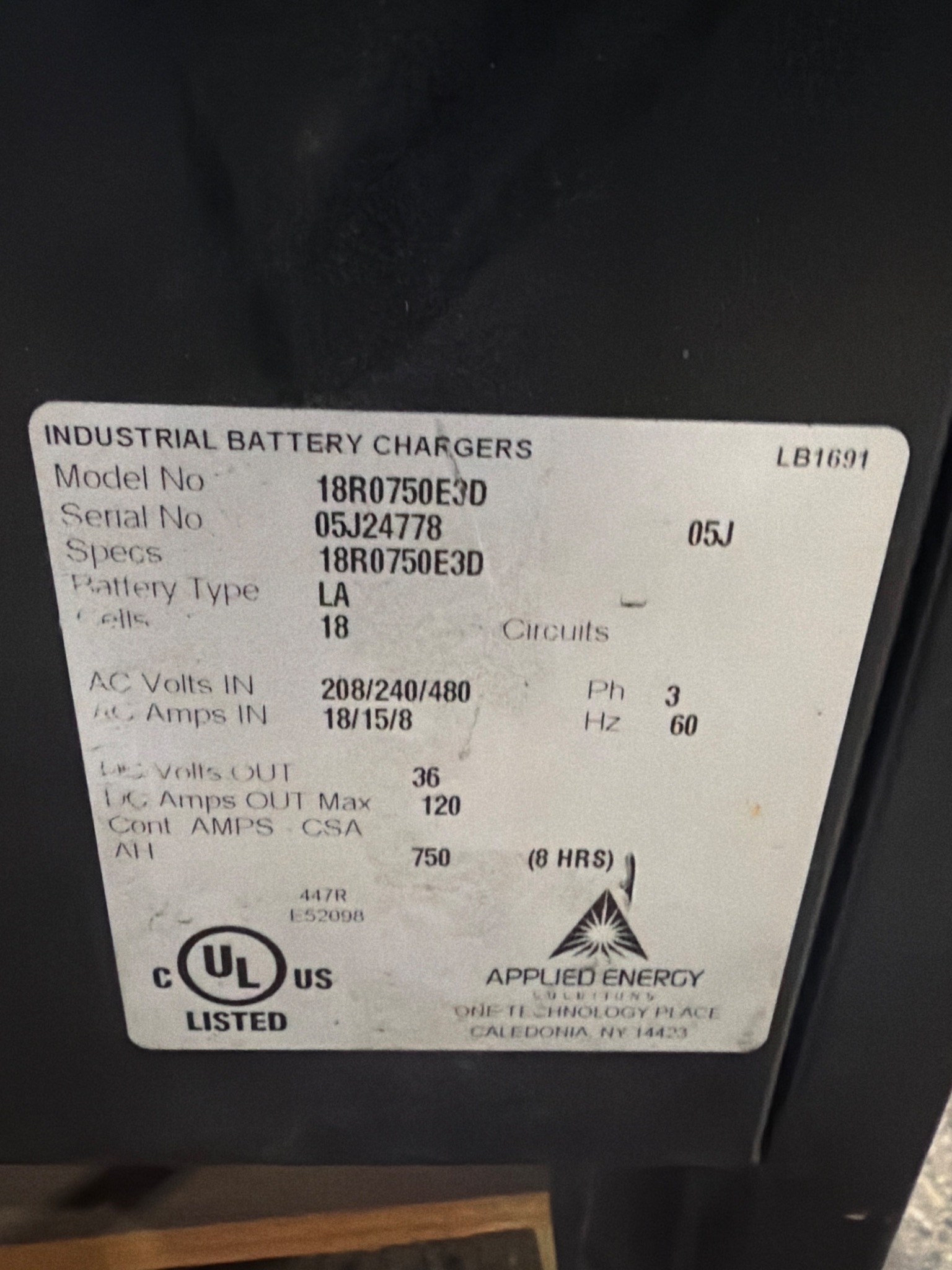 APPLIED ENERGY 18R0750E3D 36V 750AH Battery Charger USED 6