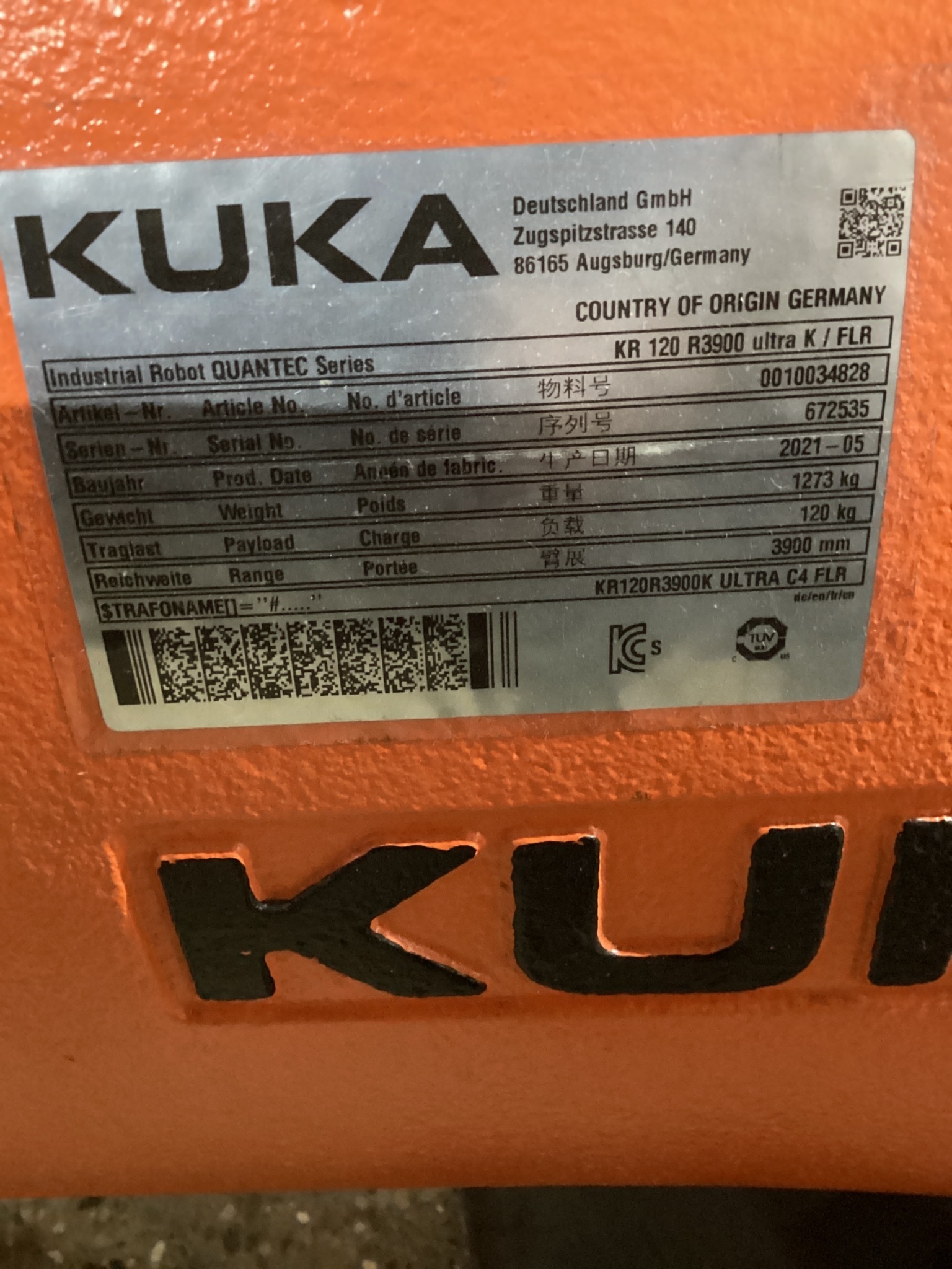 KUKA KR 120 R3900 ULTRA K/FLR ROBOT W/ KR C4 CONTROLLER 6-AXIS 120KG 3900MM USED 6