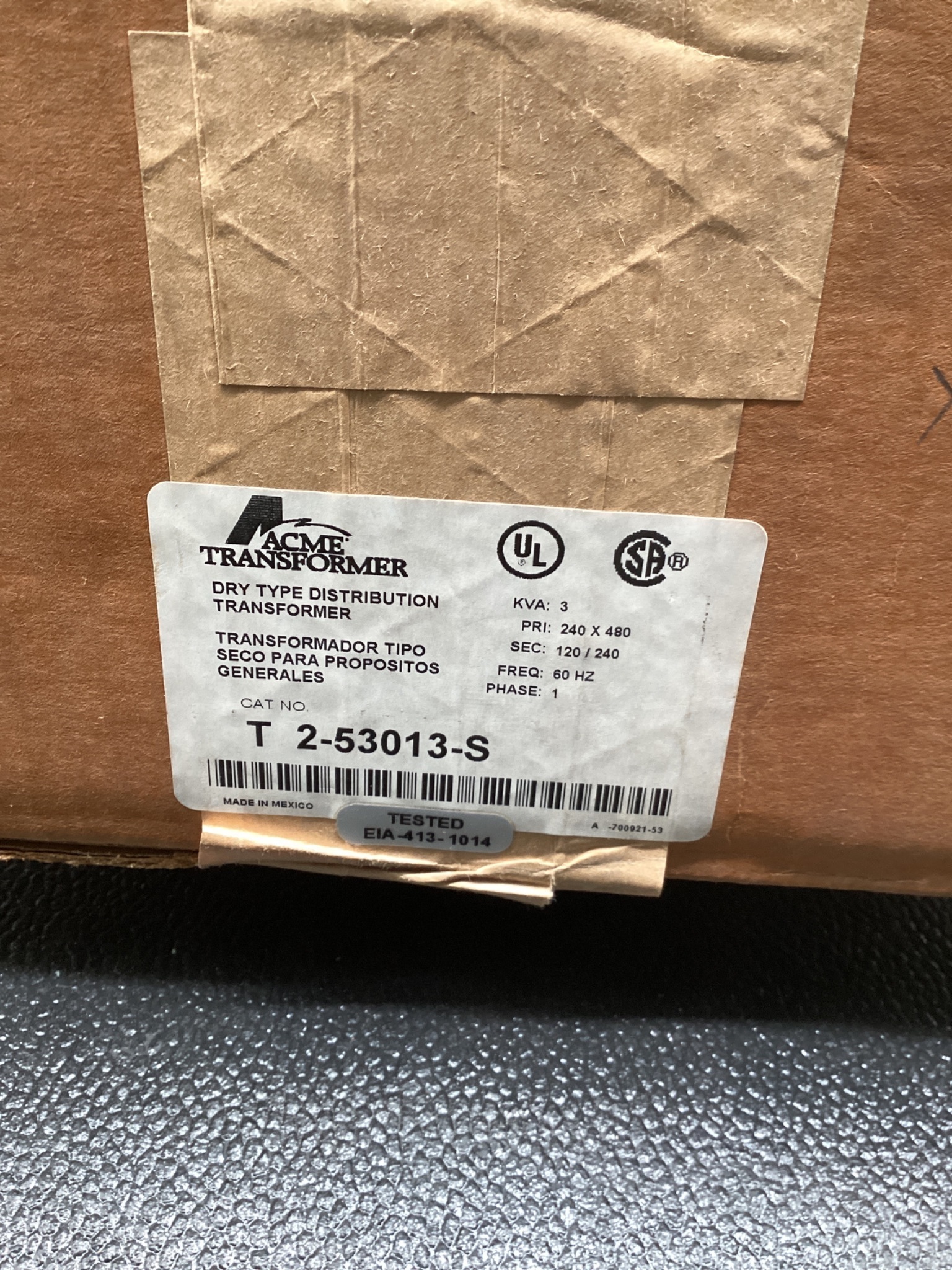 ACME T-2-53013-S 3KVA Transformer 240x480V - 120/240V 1PH NEW 4