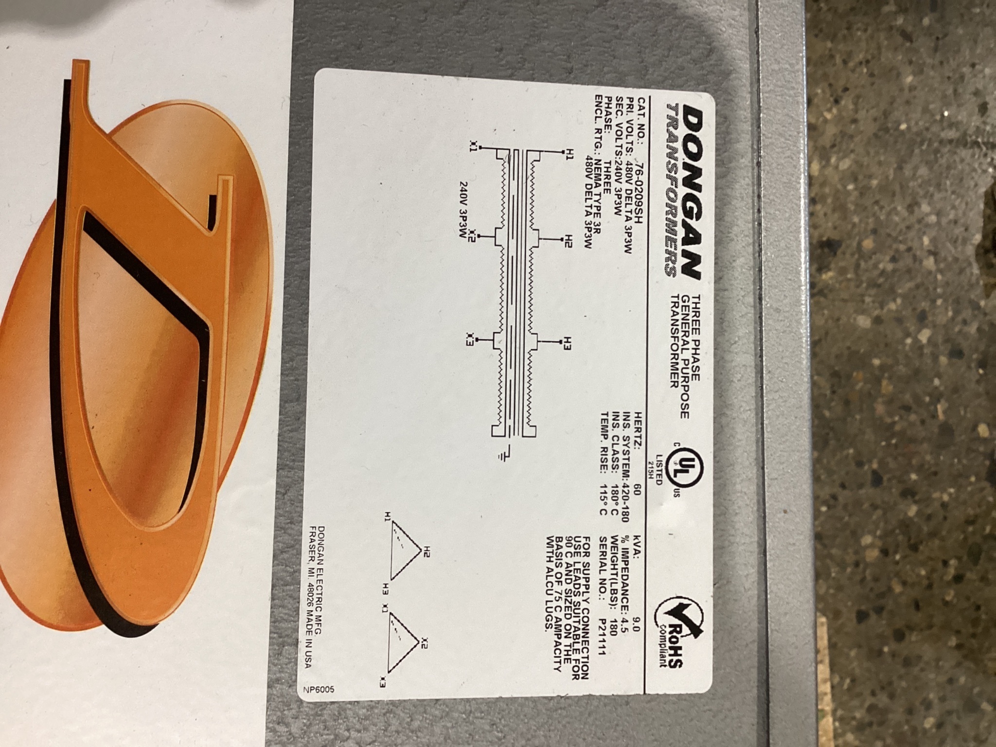 DONGAN 76‑0209SH 9 KVA Transformer 480V - 240V USED 2