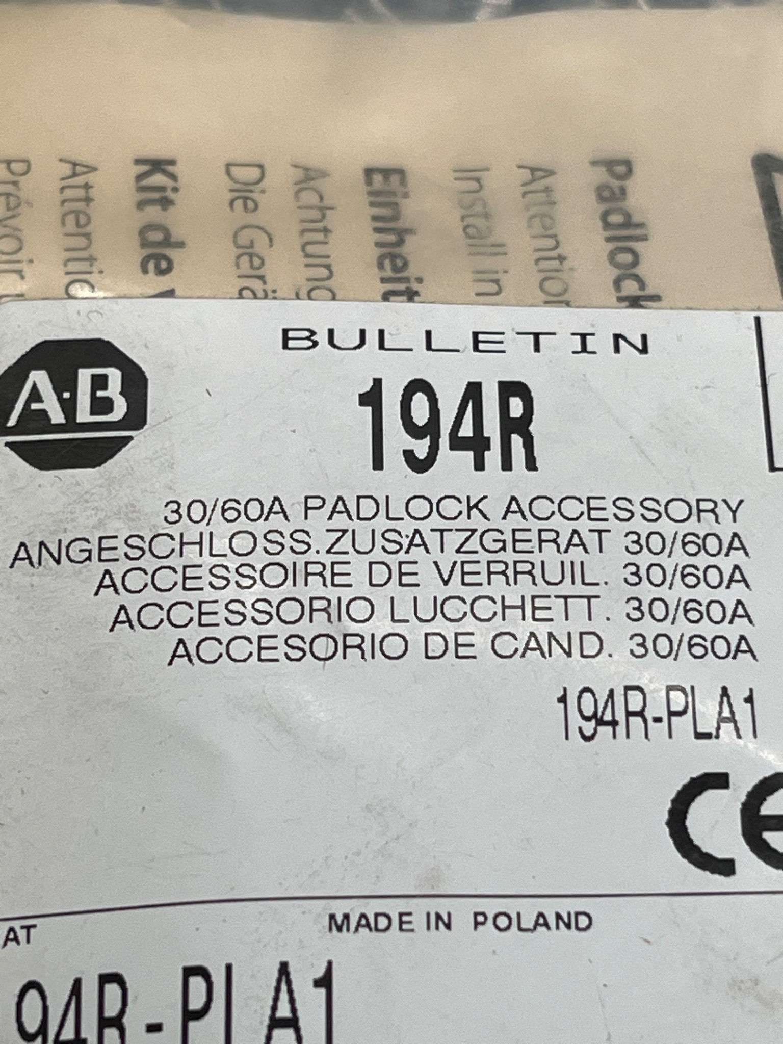 ALLEN BRADLEY 194R-PLA1 30/60A Padlock Accessory NEW 4