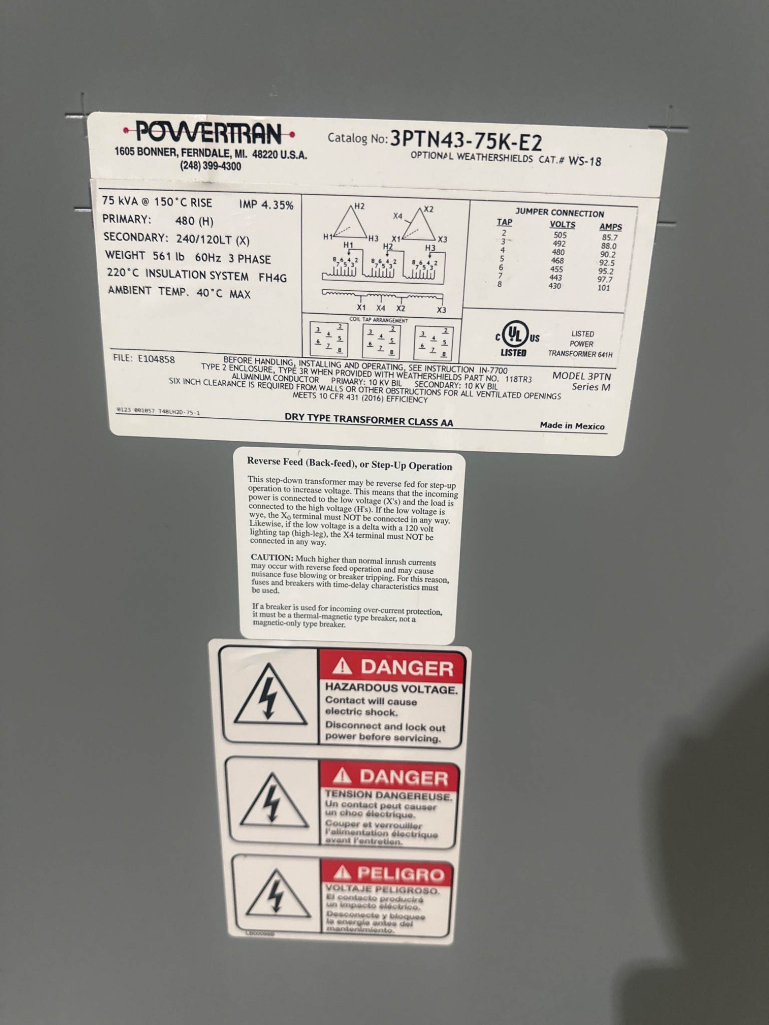 POWERTRAN 3PTN43-75K-E2 75kVA 3PH Dry-Type Transformer USED 4