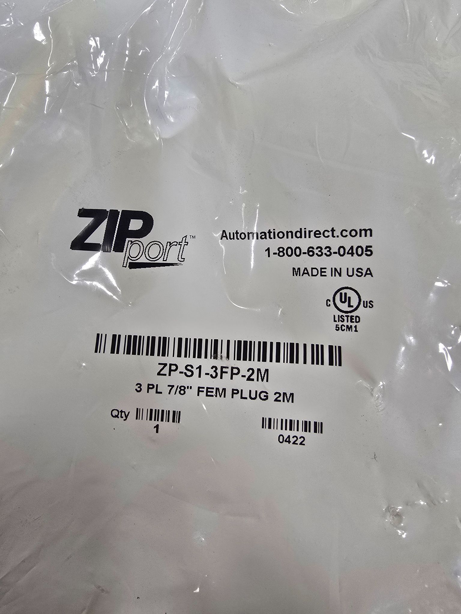 ZIPPORT ZP-S1-3FP-2M 3PL 7/8" FEM PLUG 2M NEW 1