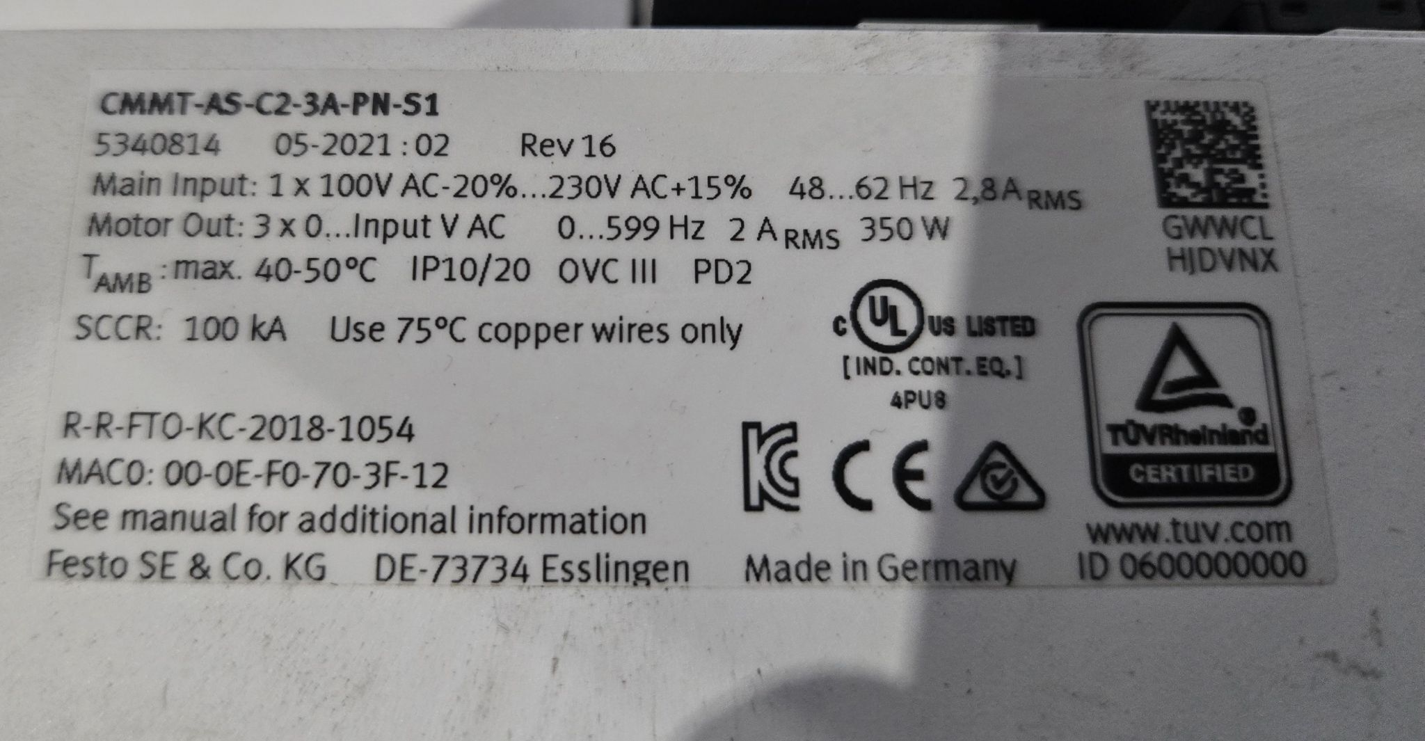 FESTO CMMT-AS-C2-3A-PN-S1 COMPACT SERVO DRIVE PROFINET 3A USED 6