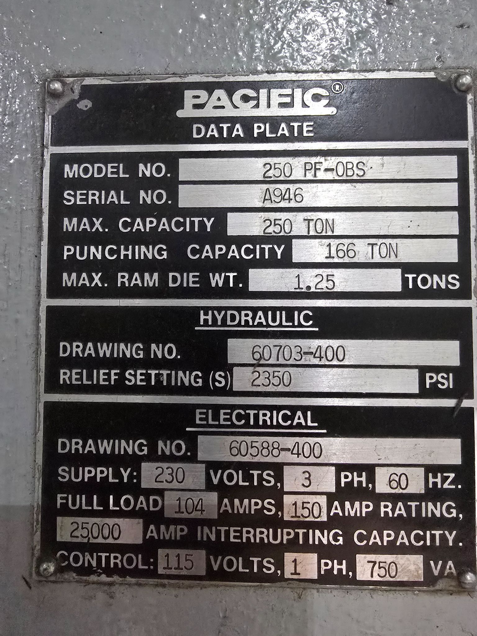 PACIFIC 250 PF-OBS 250-Ton Hydraulic Press USED 1