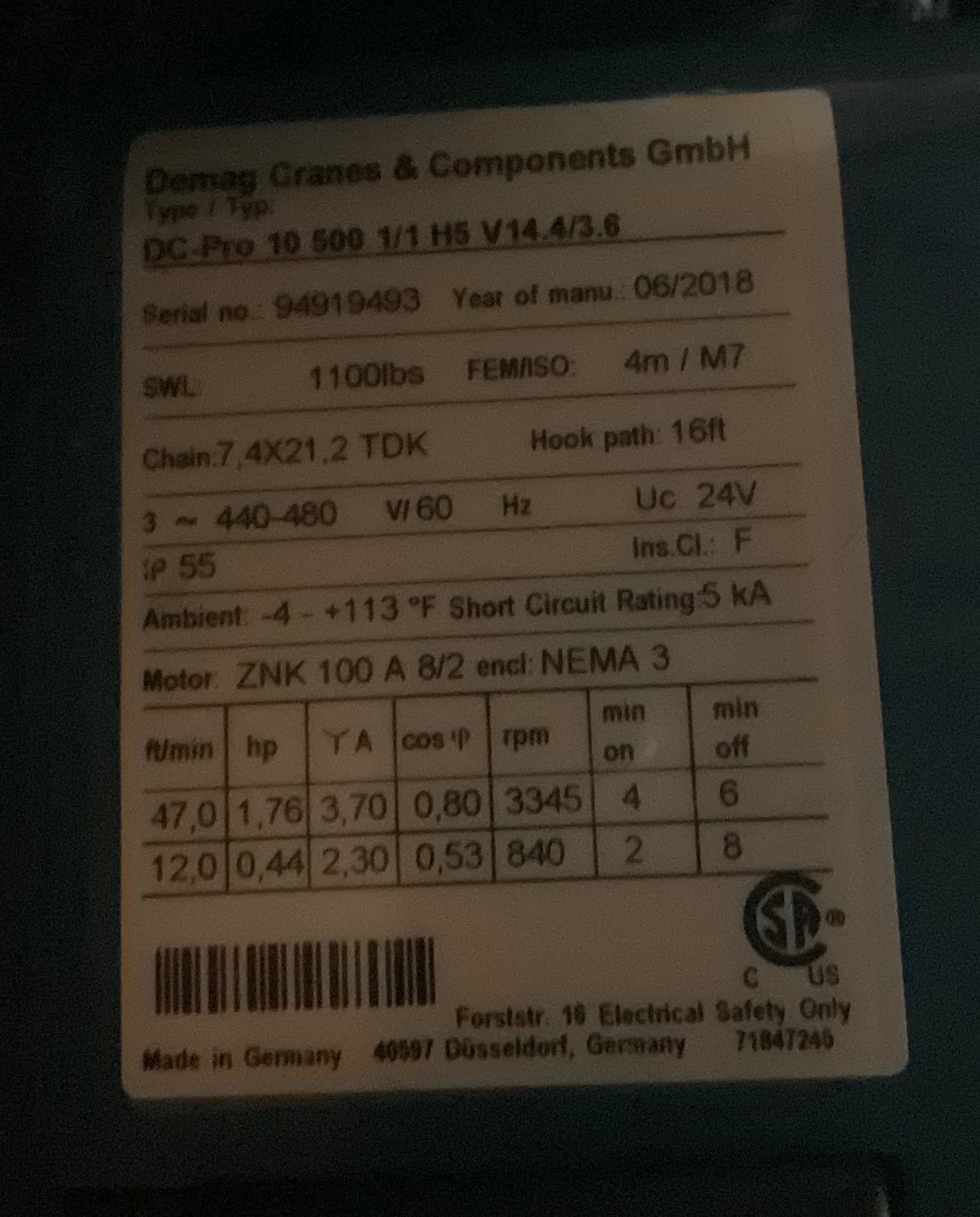 DEMAG DC-Pro 10-500 Electric Chain Hoist SWL 1100 lbs NEW 1
