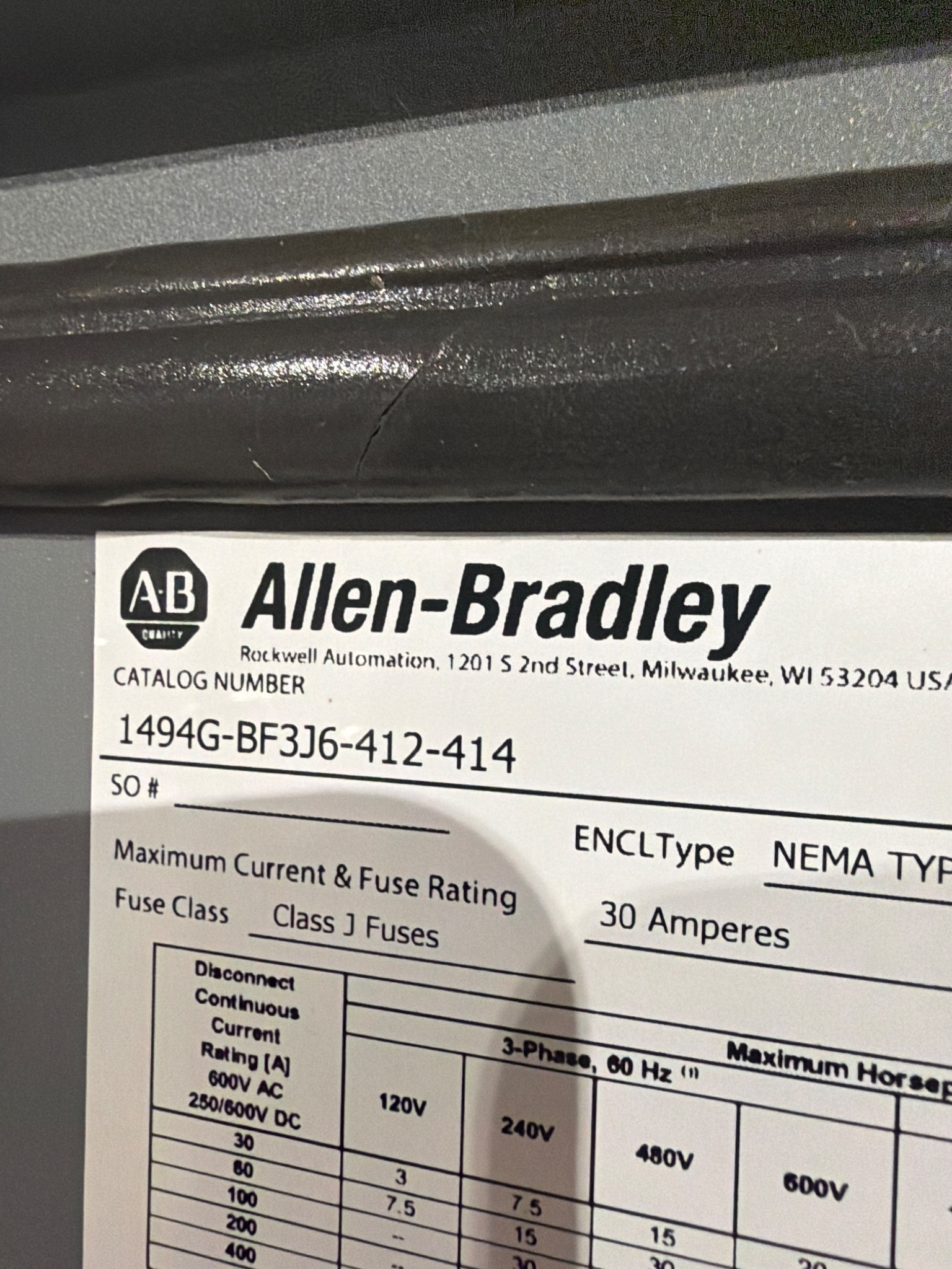 ALLEN BRADLEY 1494G-BF3J6-412-414 Enclosed Switch 30A USED 5