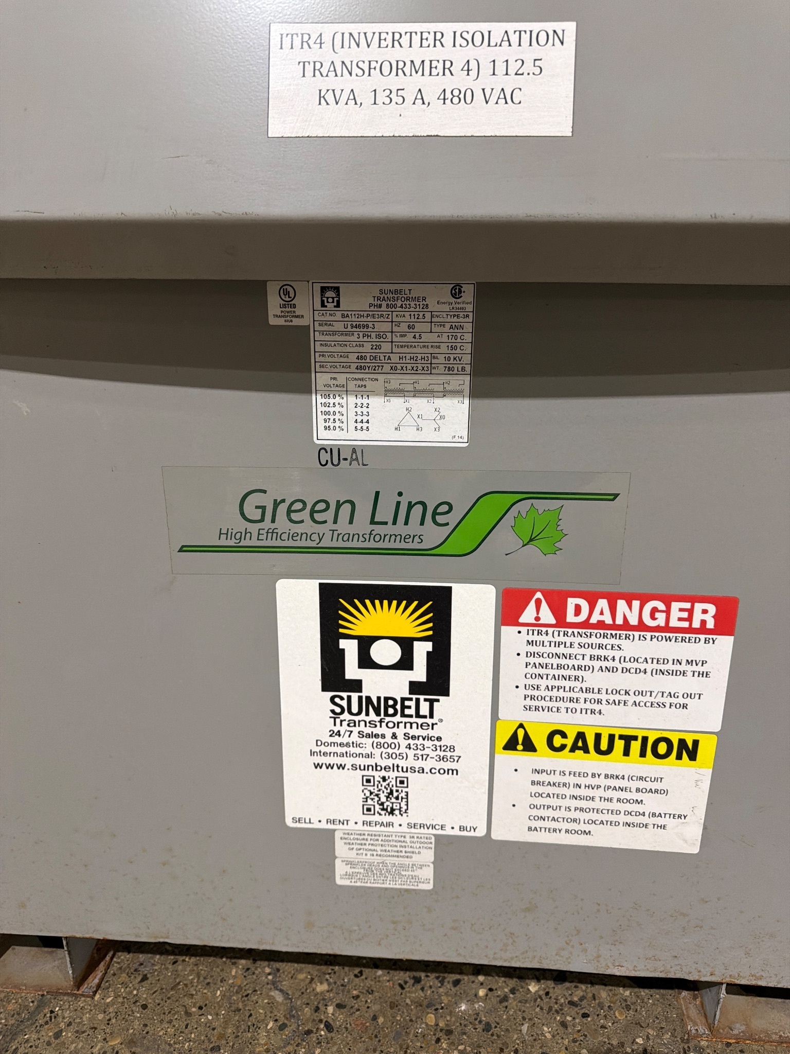 SUNBELT BA112H-P/E3R/Z 112.5 KVA 3-Phase Isolation Transformer USED 1