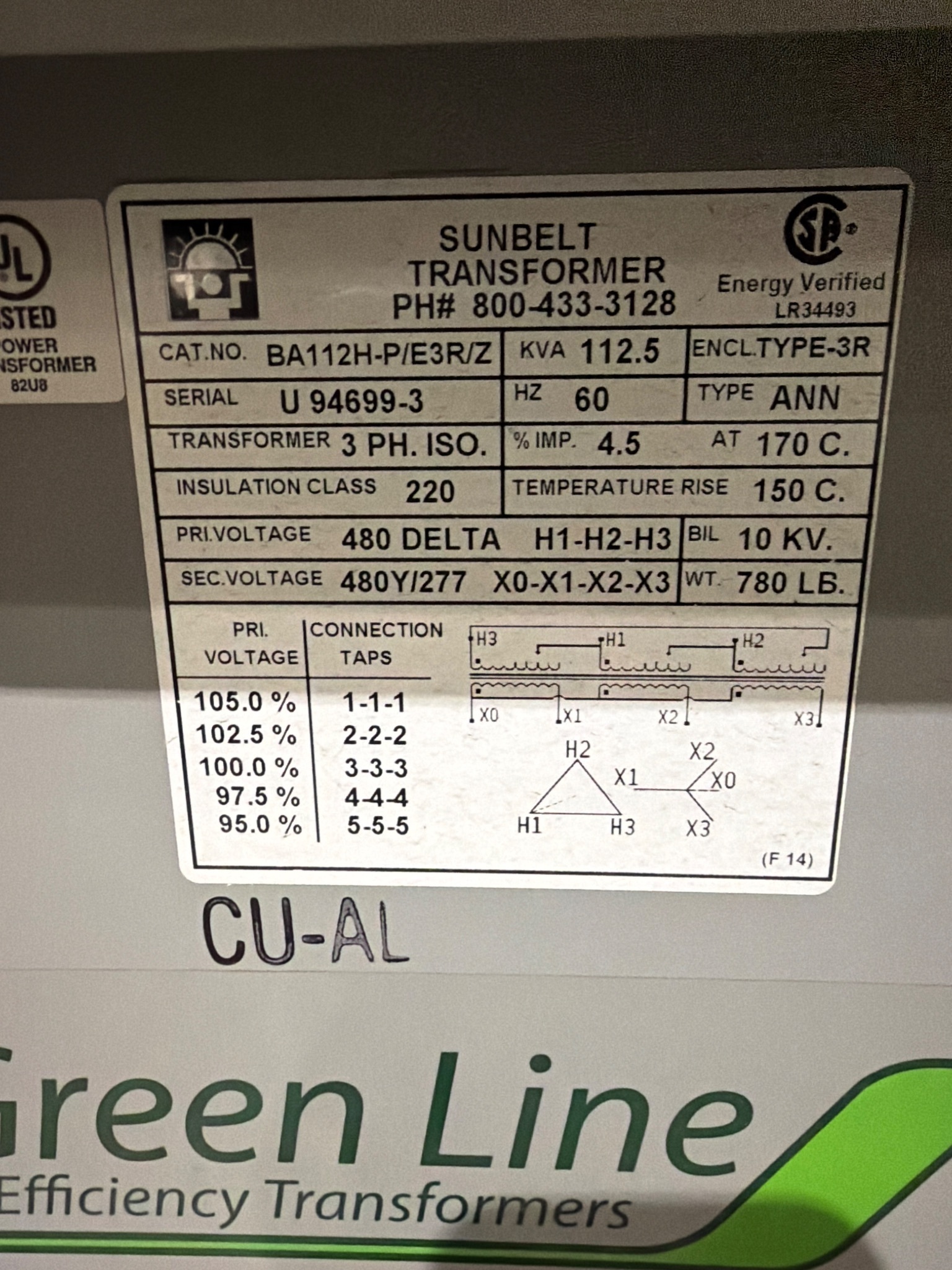 SUNBELT BA112H-P/E3R/Z 112.5 KVA 3-Phase Isolation Transformer USED 5