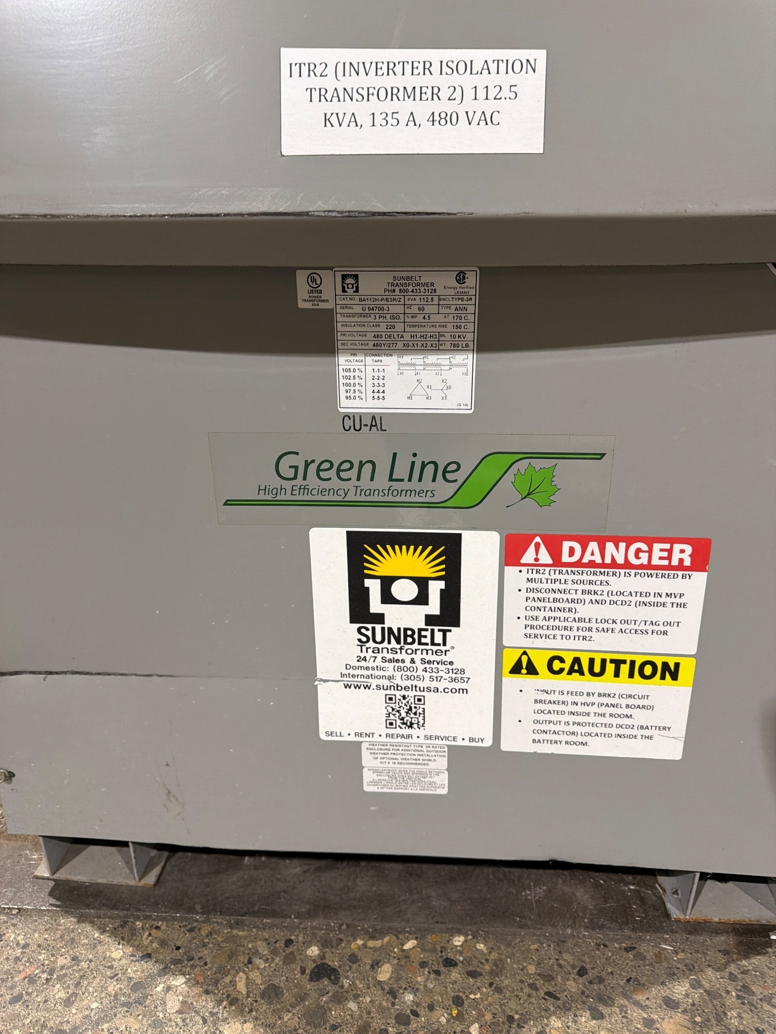 SUNBELT BA112H-P/E3R/Z 112.5 KVA 3-Phase Isolation Transformer USED 1