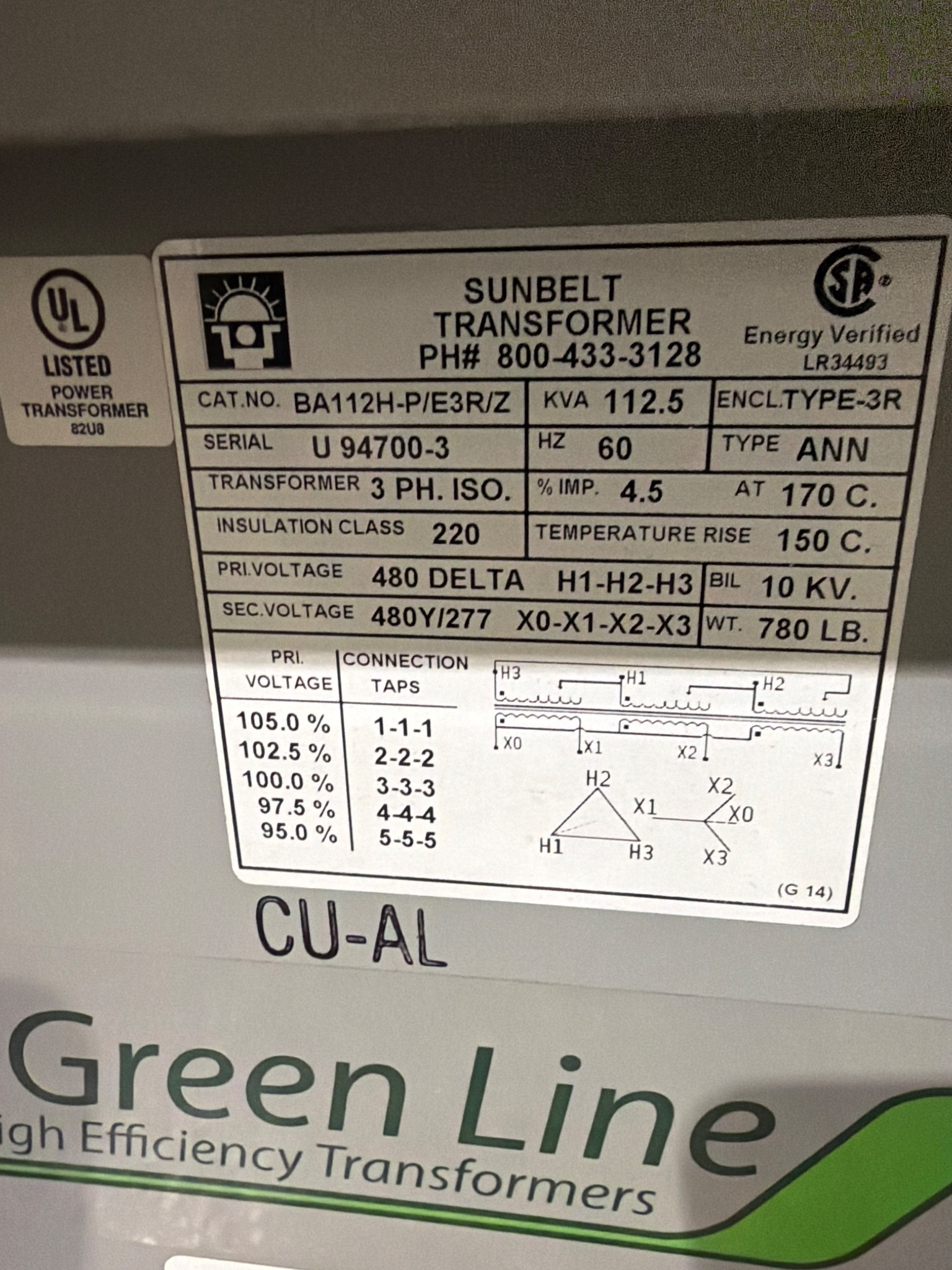 SUNBELT BA112H-P/E3R/Z 112.5 KVA 3-Phase Isolation Transformer USED 5