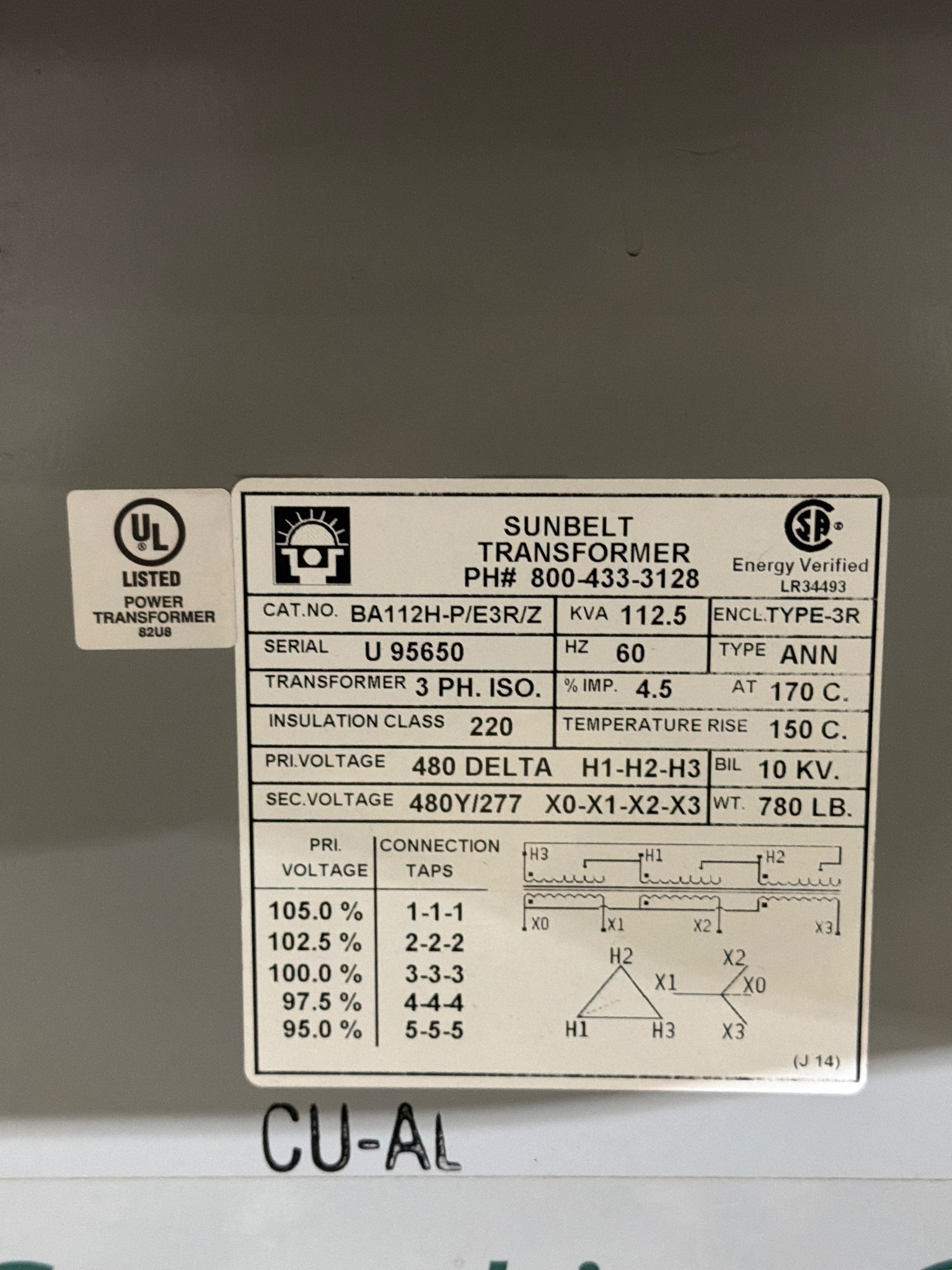 SUNBELT BA112H-P/E3R/Z 112.5 KVA 3-Phase Isolation Transformer USED 1