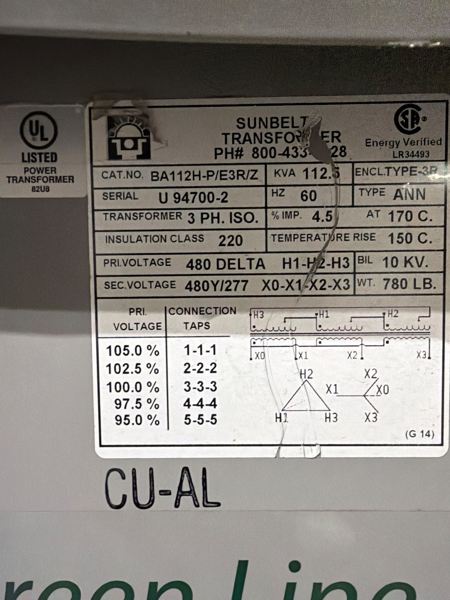 SUNBELT BA112H-P/E3R/Z 112.5 KVA 3-Phase Isolation Transformer USED 1
