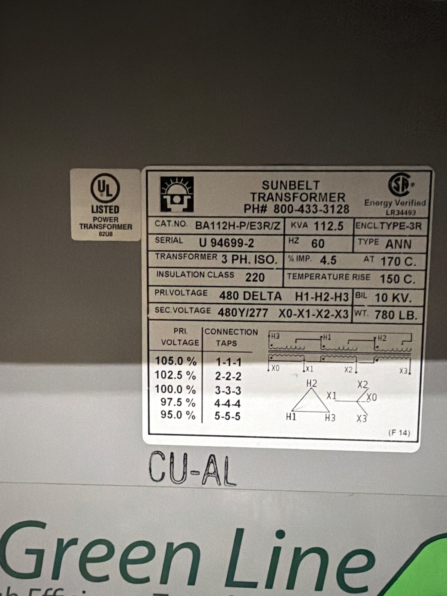 SUNBELT BA112H-P/E3R/Z 112.5 KVA 3-Phase Isolation Transformer USED 3