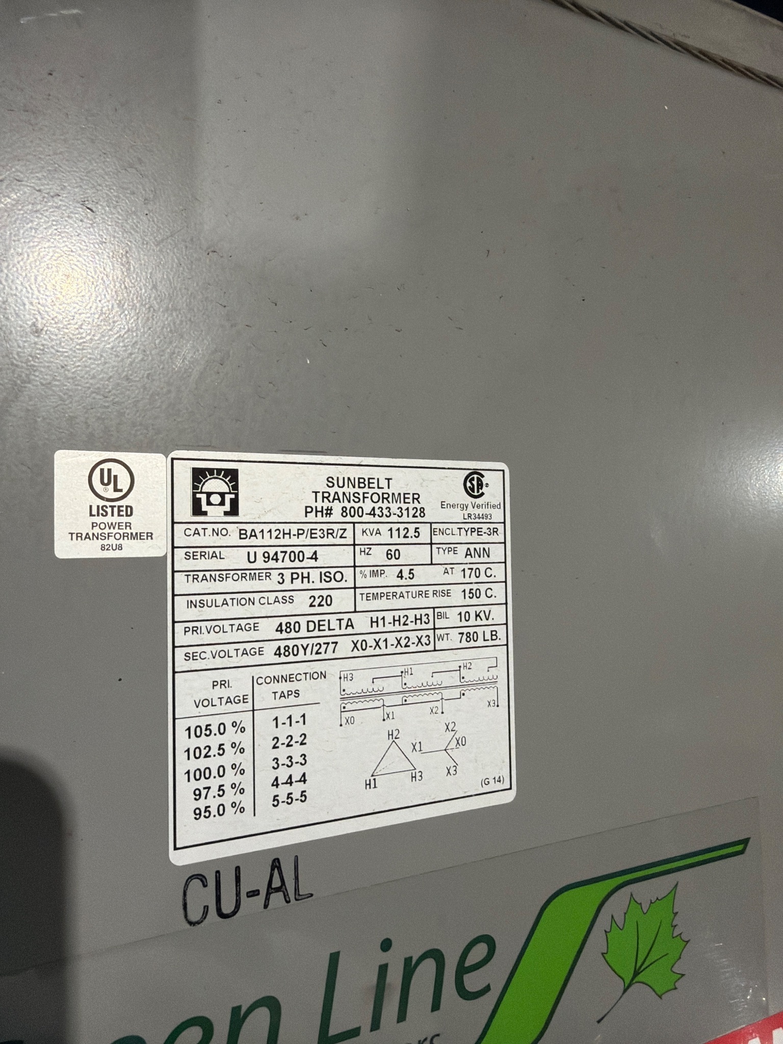 SUNBELT BA112H-P/E3R/Z 112.5 KVA 3-Phase Isolation Transformer USED 4