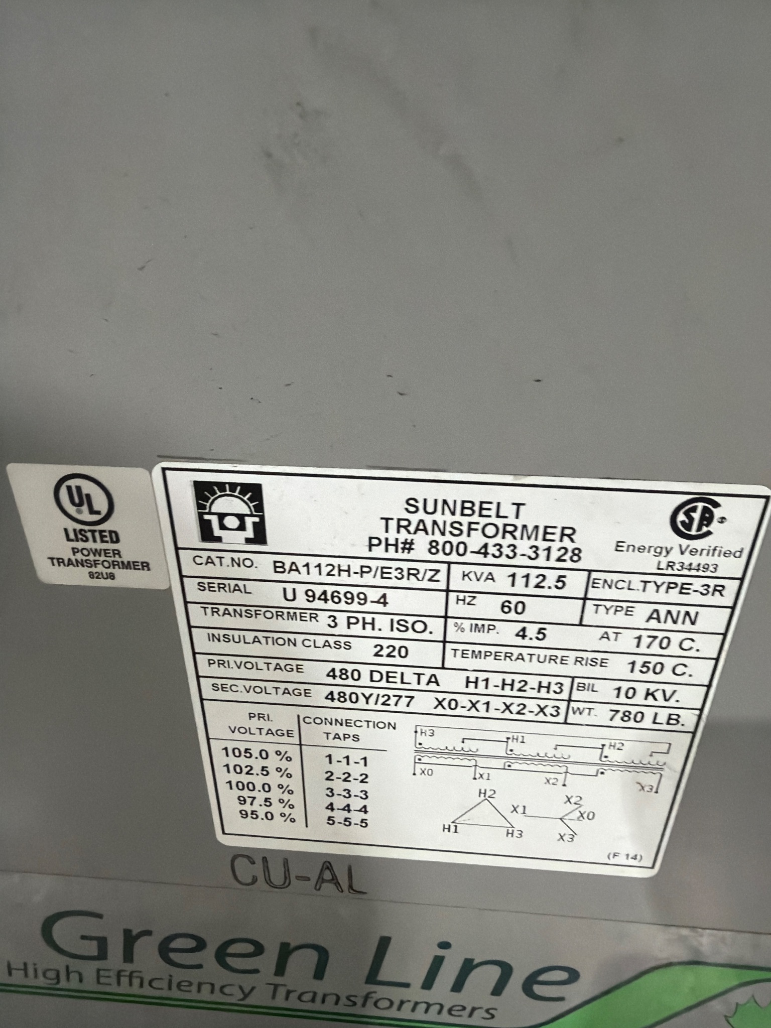 SUNBELT BA112H-P/E3R/Z 112.5 KVA 3-Phase Isolation Transformer USED 4