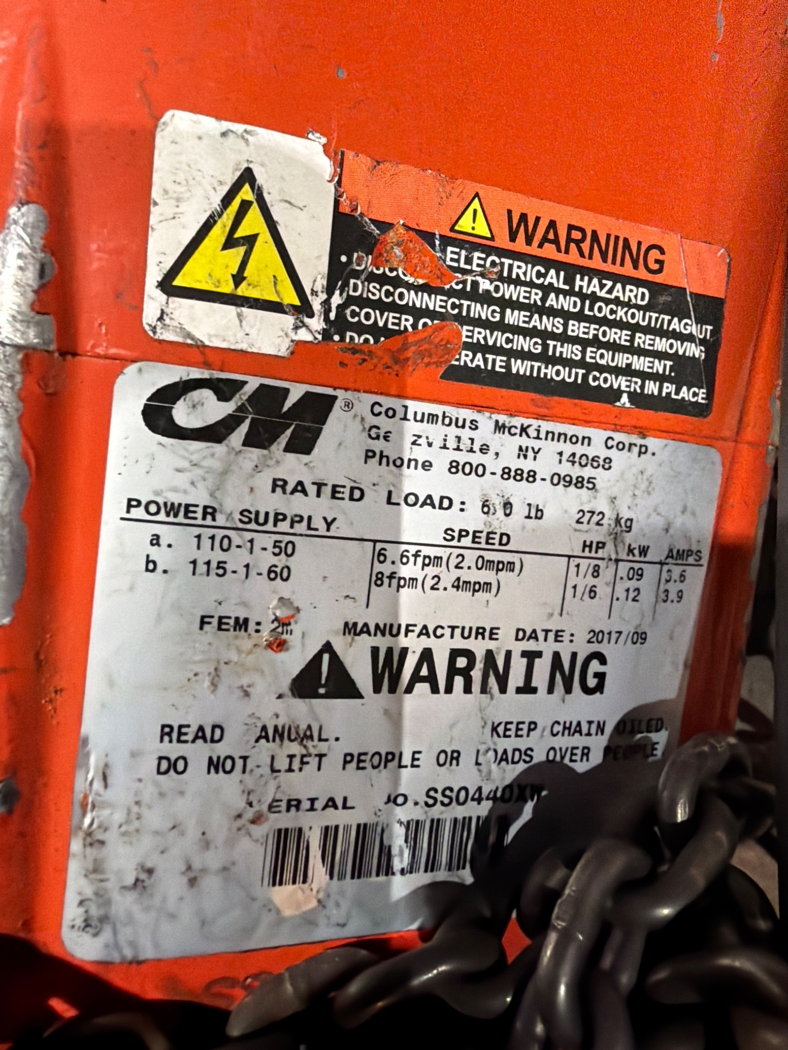 CM ShopStar Chain Hoist Max 600 lbs (272 kg) USED 1
