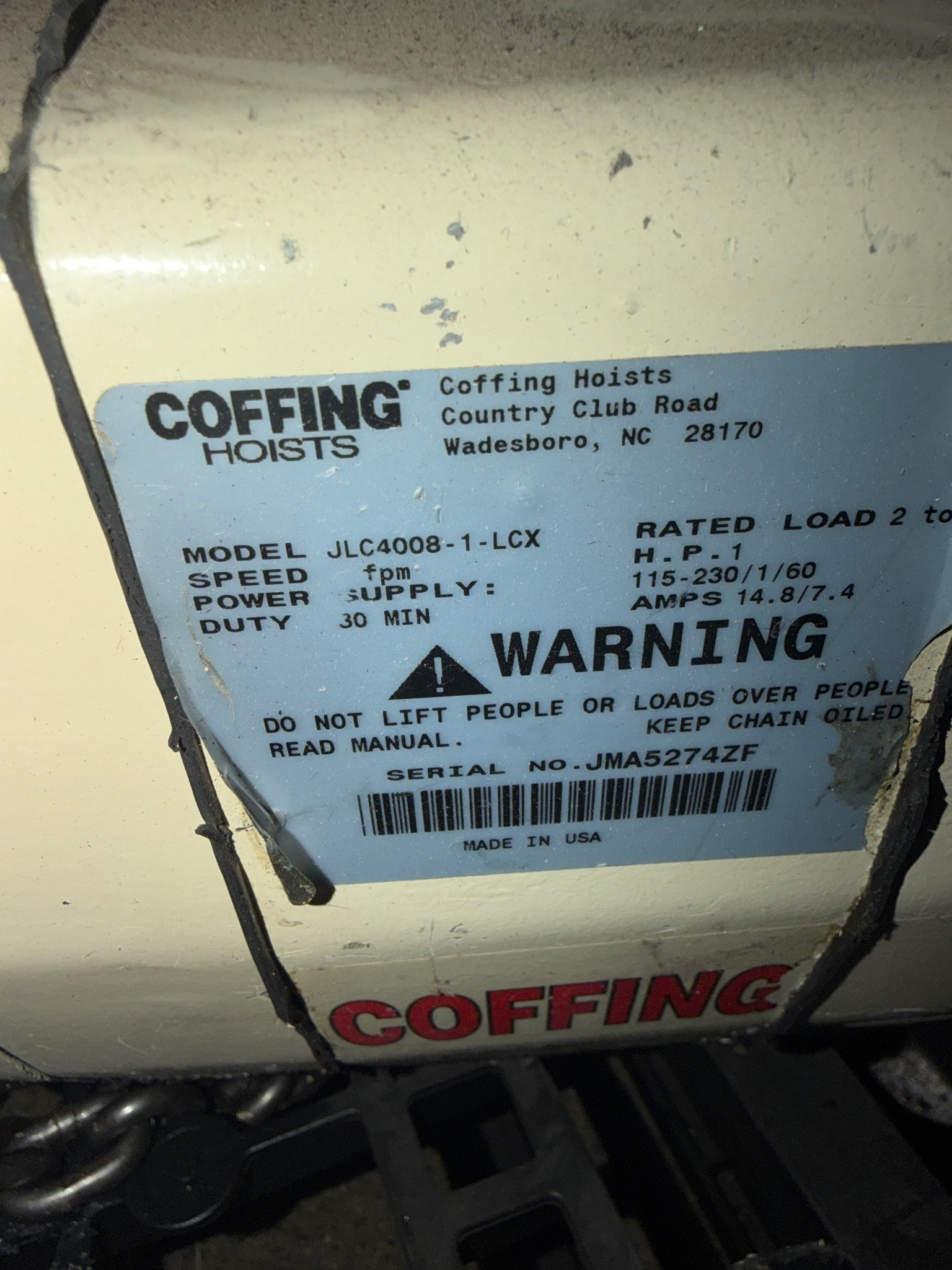 COFFING JLC 2 Ton Electric Chain Hoist 115-230V USED 4