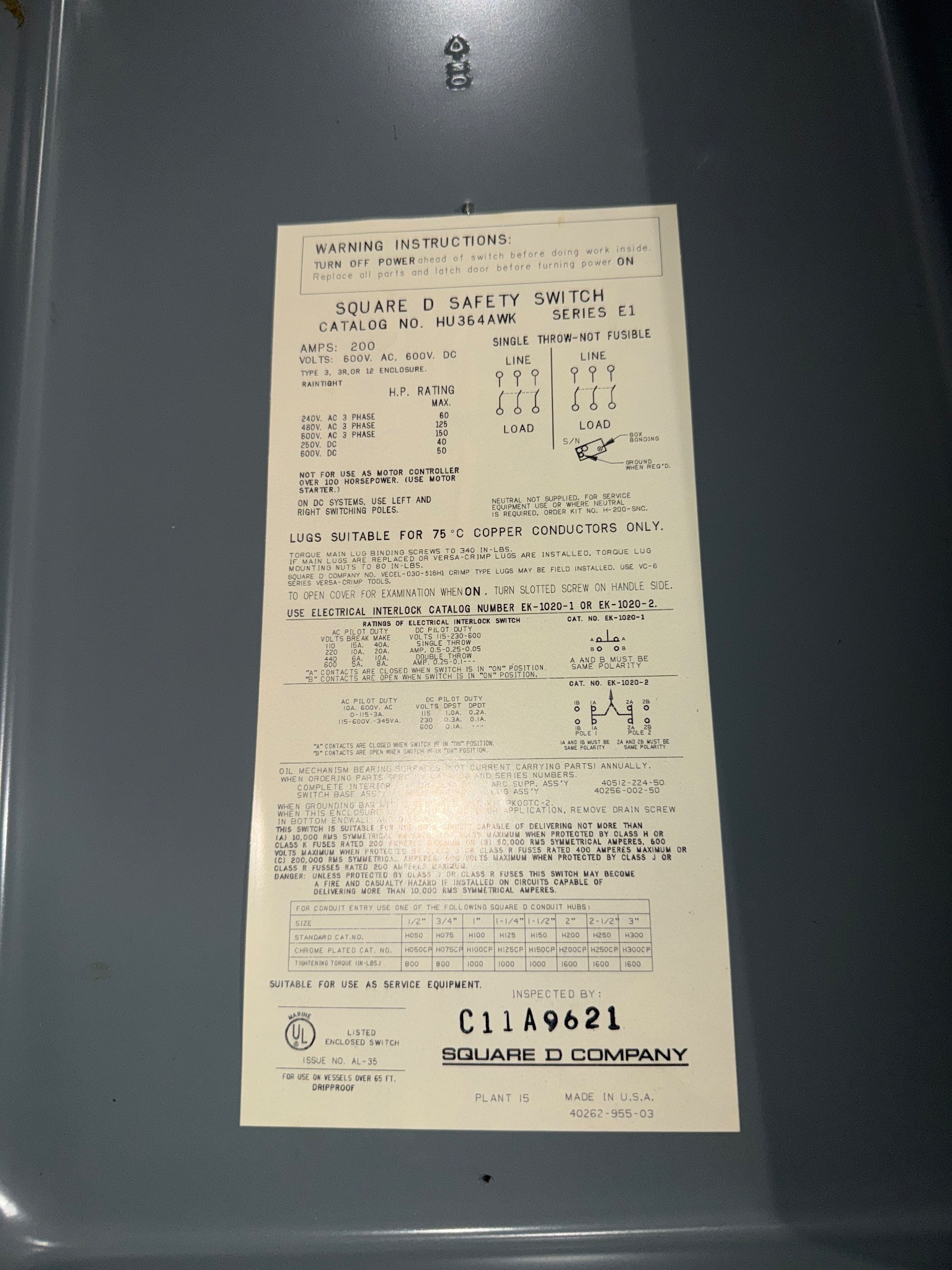 SQUARE D HU364AWK Safety Disconnect Switch USED 4