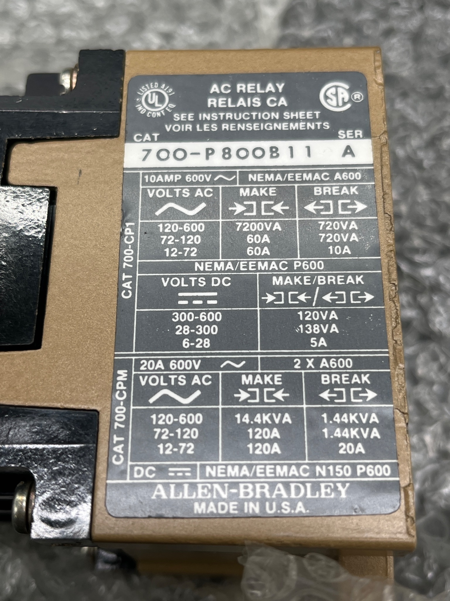 ALLEN BRADLEY 700-P800B11 AC Relay NEW OPEN BOX 3