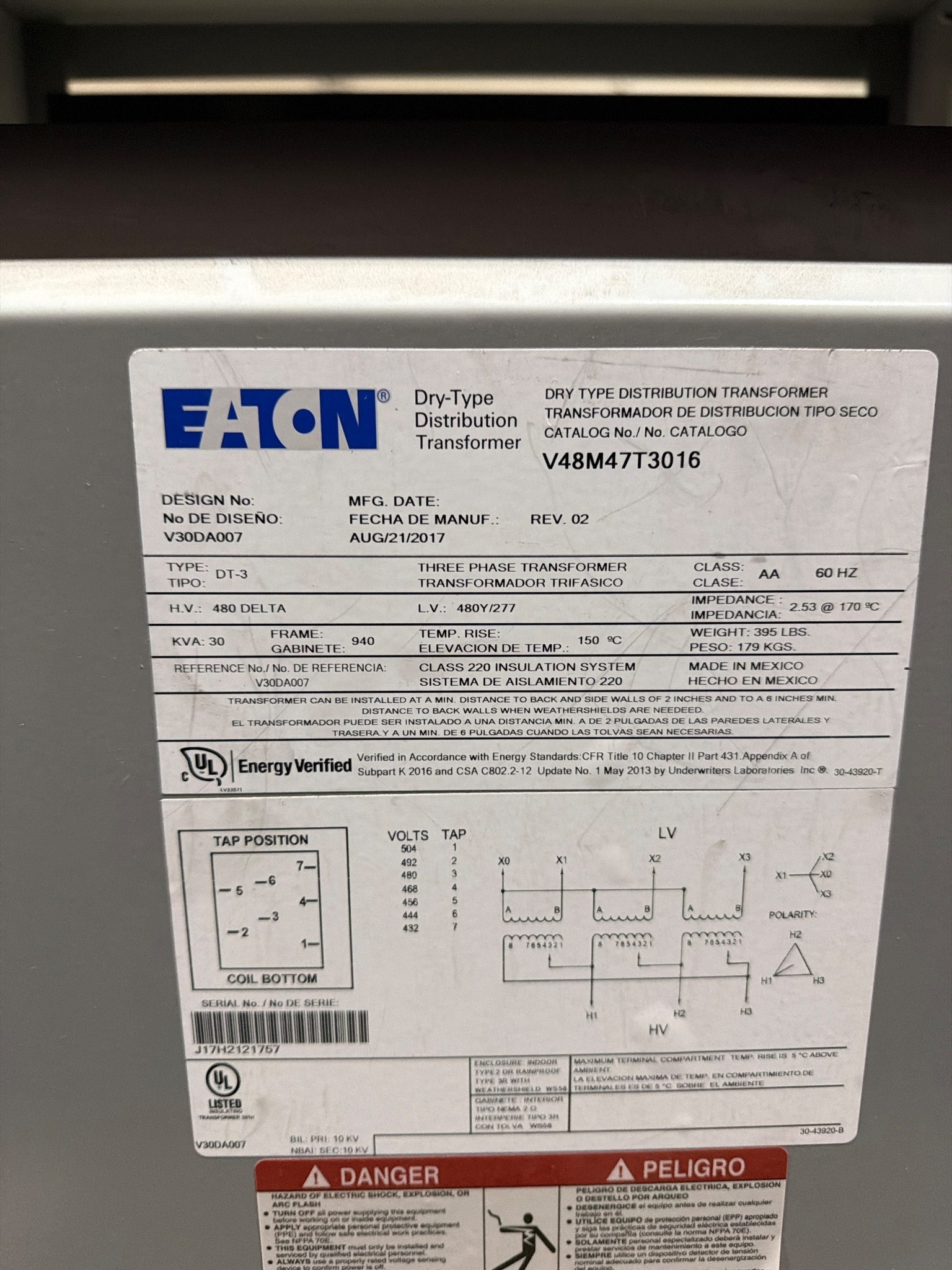 EATON V48M47T3016 30 KVA Distribution Transformer USED 4