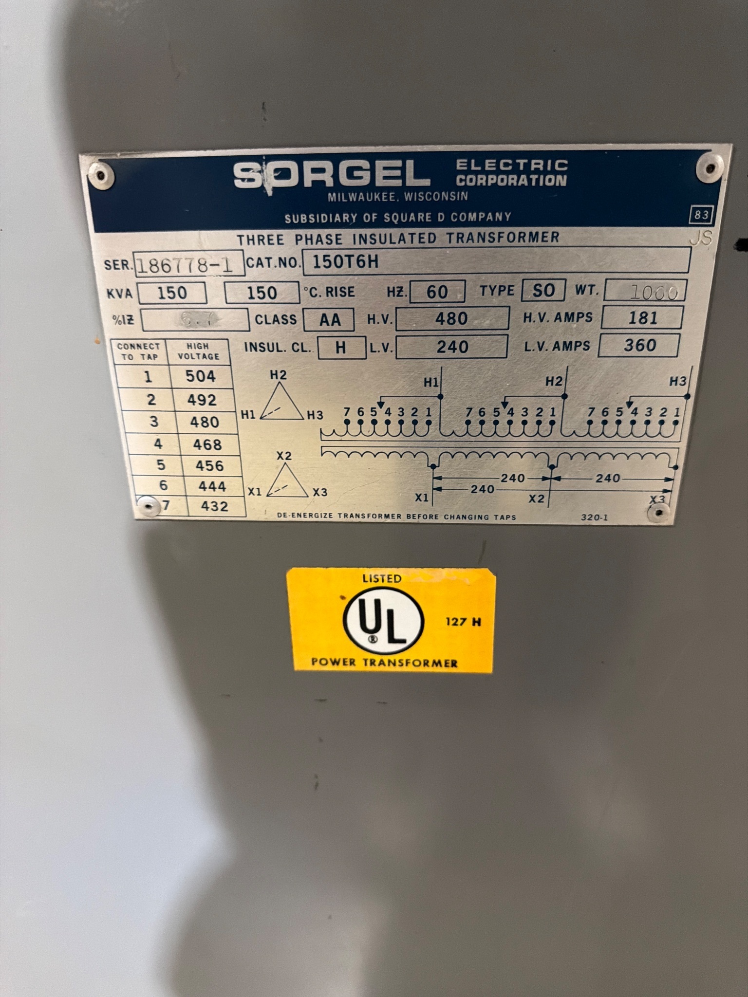 SORGEL 150T6H 150 KVA 3PH Insulated Transformer USED 1