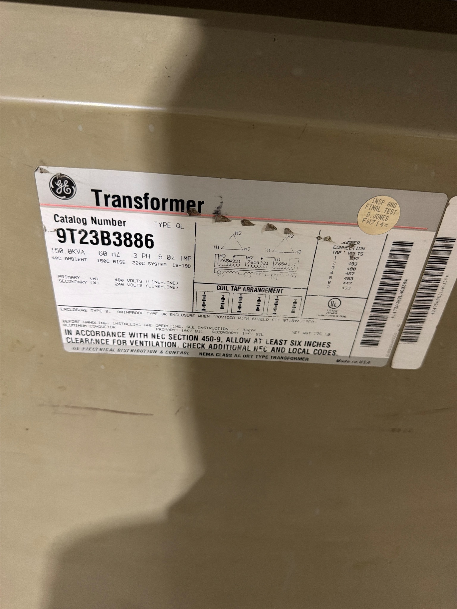 GENERAL ELECTRIC 9T23B3886 150 KVA 3PH Transformer USED 4