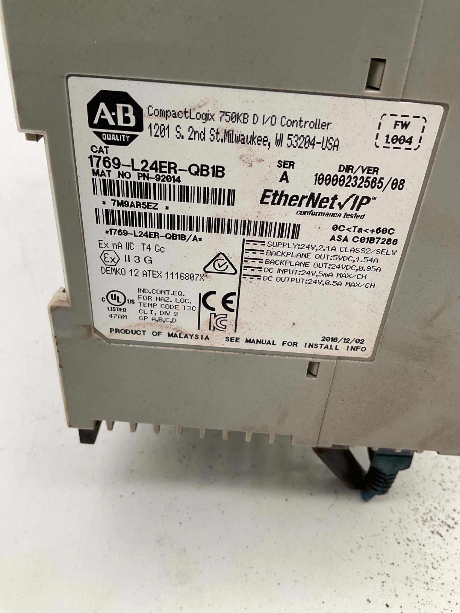 ALLEN BRADLEY 1769-L24ER-QB1B CompactLogix 750KB D I/O Controller USED 2