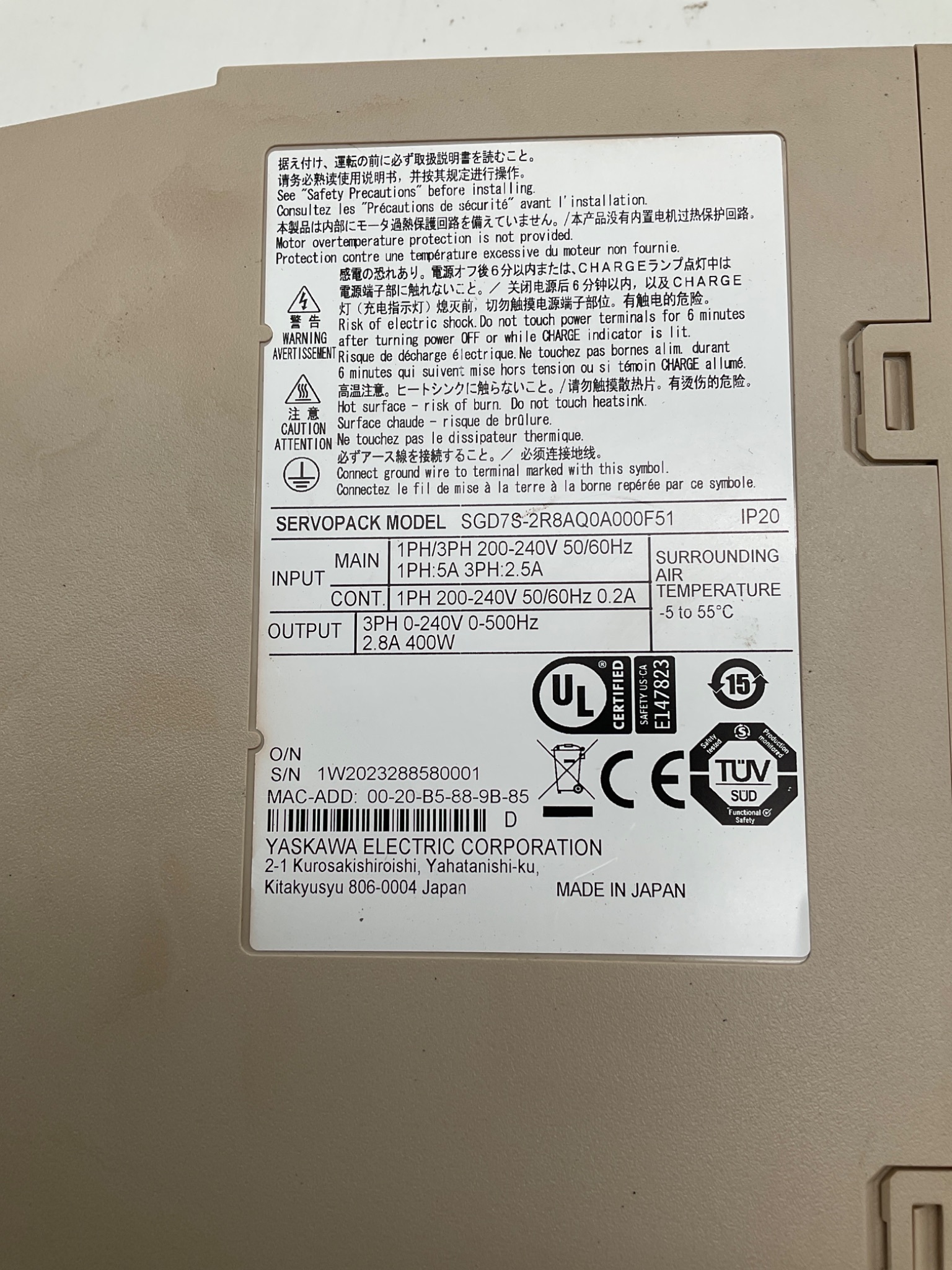 YASKAWA SGD7S-2R8AQ0A000F51 Sigma-7 SERVOPACK Servo Drive USED 1