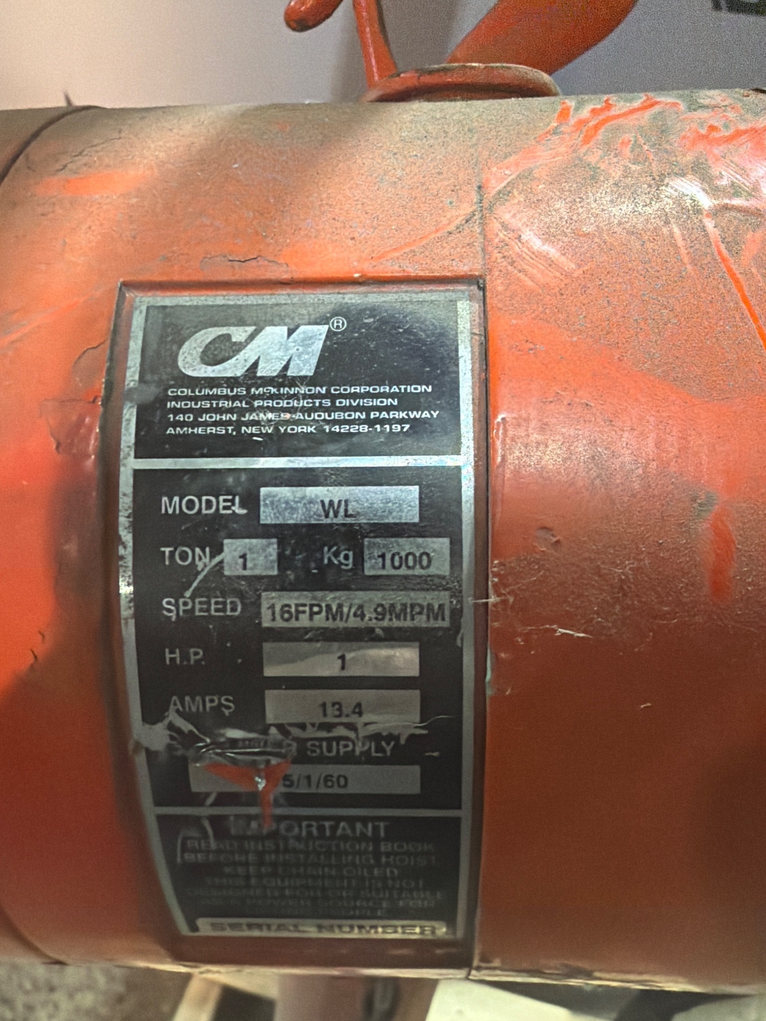 CM Valustar Model WL 1-Ton Electric Chain Hoist USED 4